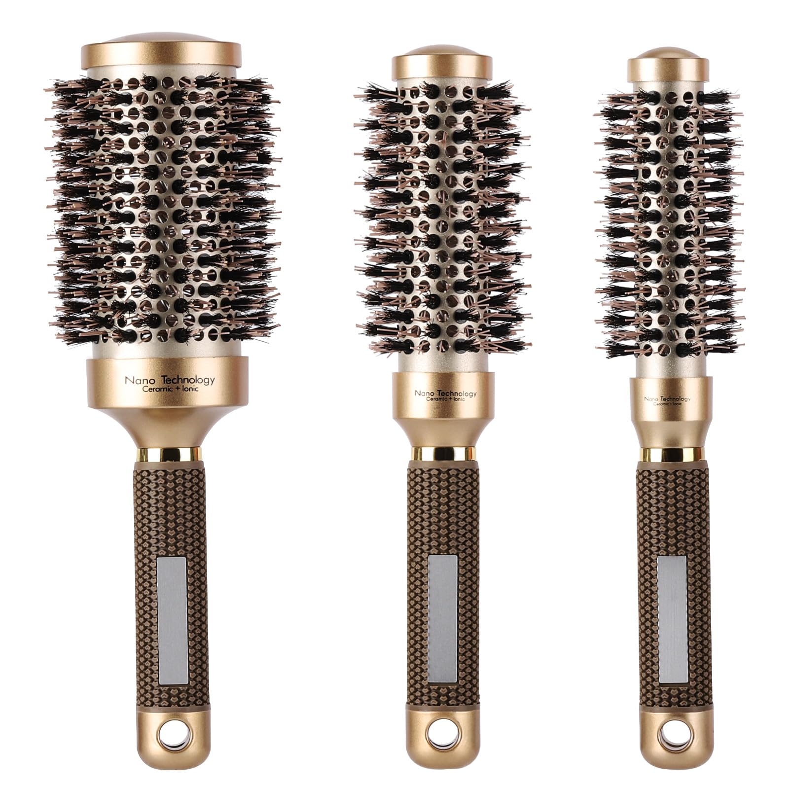3 Pcs Boar Bristle Round Brush for Blow Drying, Nano Thermal Ceramic and Ionic Tech Hair Brush for Curling and Straightening - L