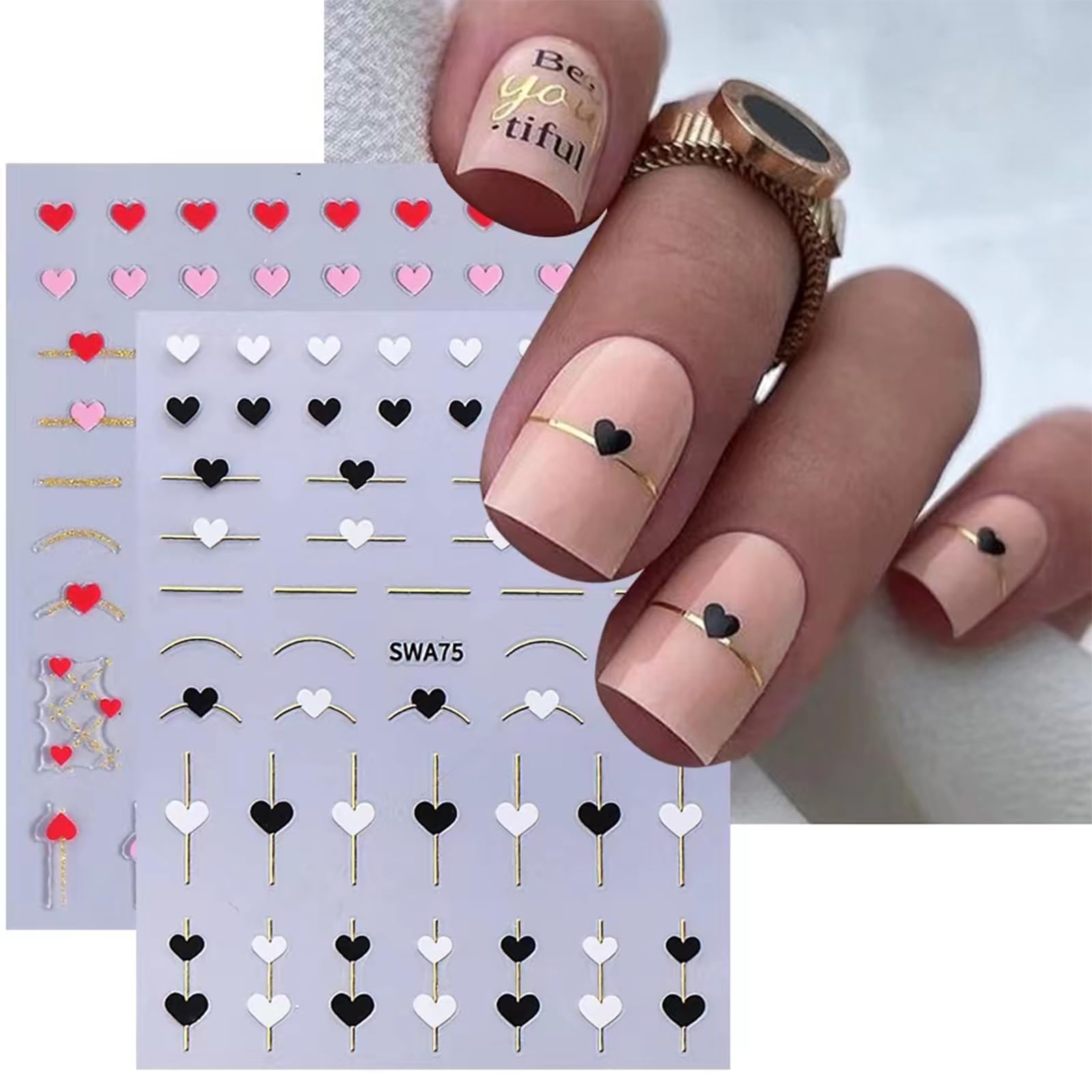 Lbpepamz 8Sheet Valentine'S Day Nail Stickers Pink Red Heart Nail Art Stickers Gold Line White Black Love Heart Nail Supplies Fo