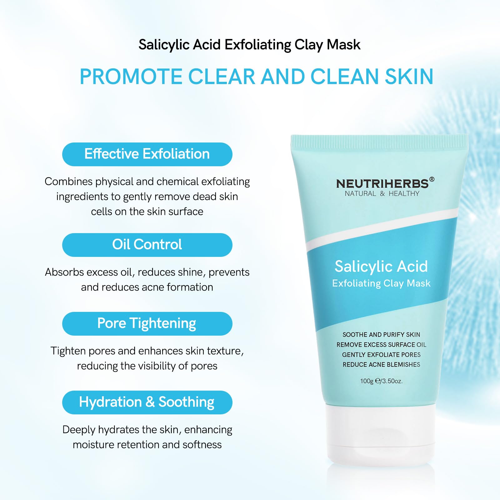 Neutriherbs Salicylic Acid Clay Mask, Hyaluronic Acid Clay Mud Mask, Purify Skin, Remove Dead Skin And Unclogged Pores, Face Mas