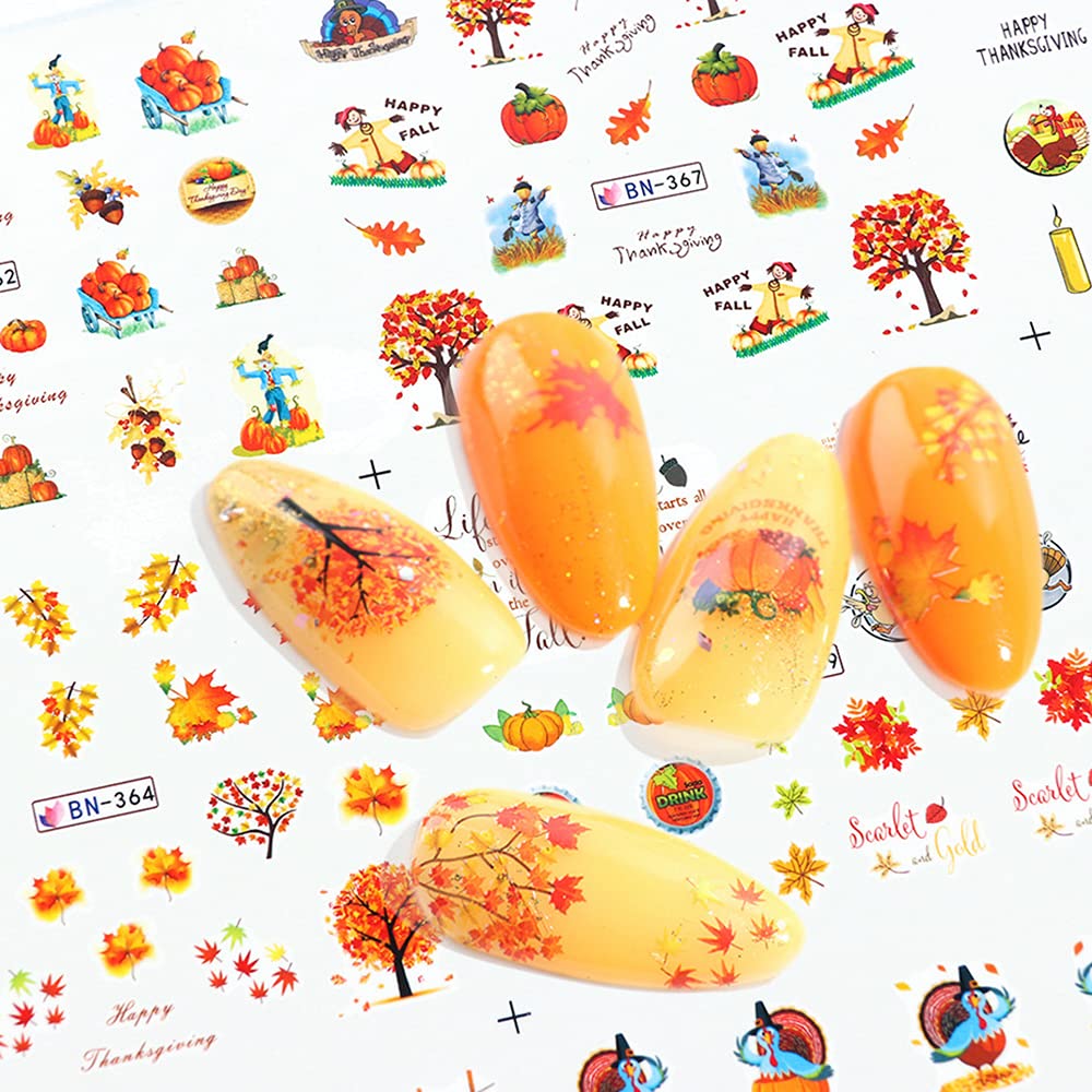 Fall Nail Art Stickers, Autumn Leaves Nail Decals Water Transfer Thanksgiving Nail Stickers Maple Leaf Pumpkin Turkey Yellow Nai