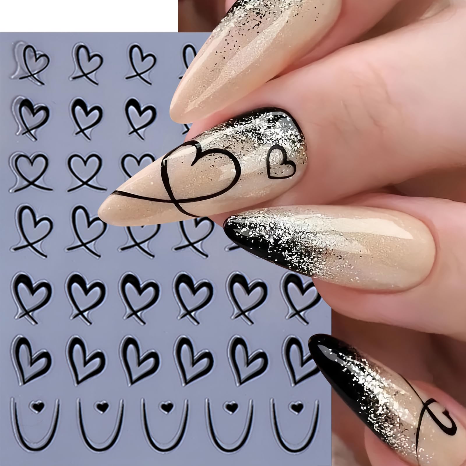 6 Sheets Valentine'S Day Heart Nail Stickers For Nail Art 3D Self Adhesive Blue Pink Heart Nail Art Stickers Black White Pink Lo