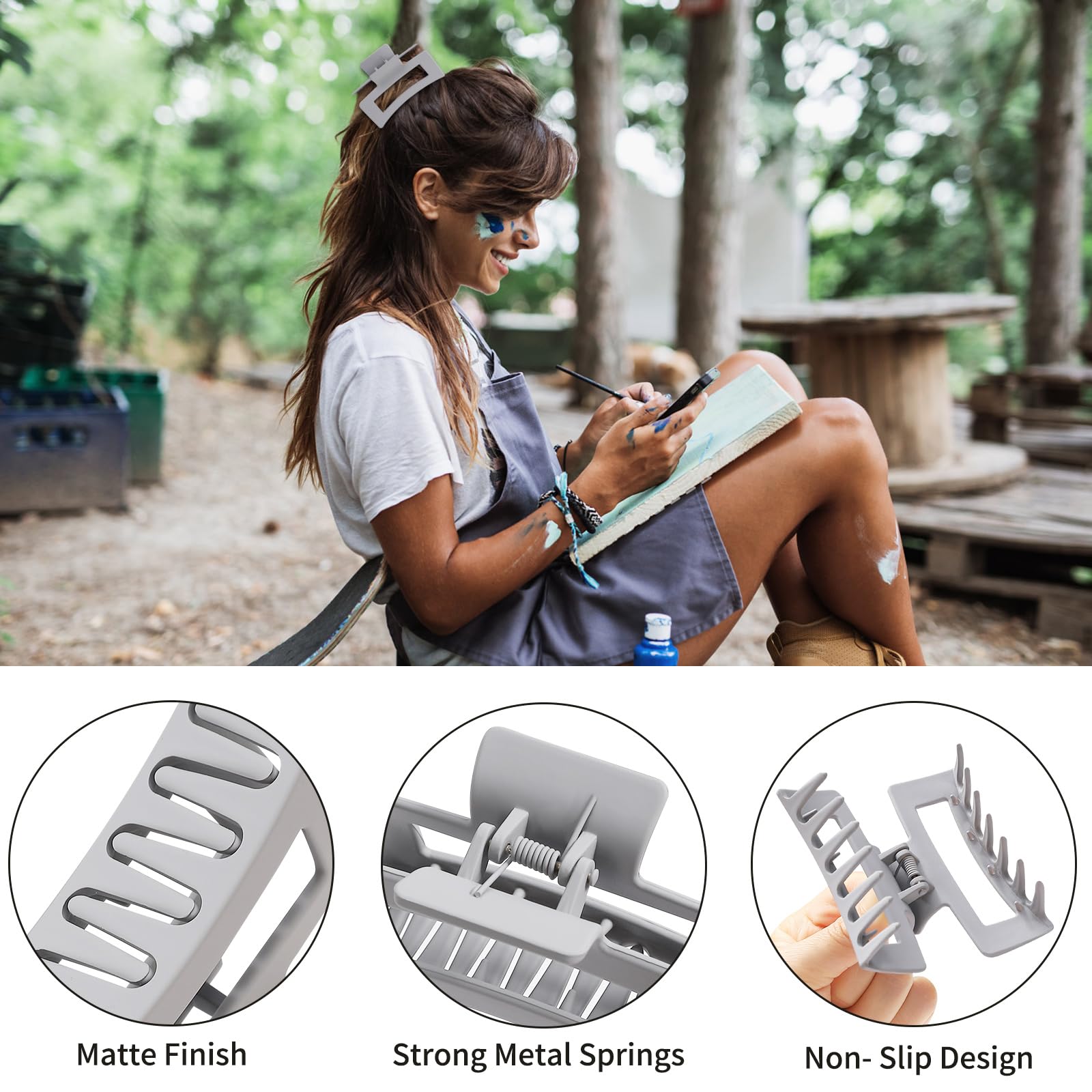Sisiaipu 3.5 Inch Medium Hair Claw Clips 6 Pack Grey Blue Hair Clips for Women Square Claw Clips Rectangle Clips for Hair Banana