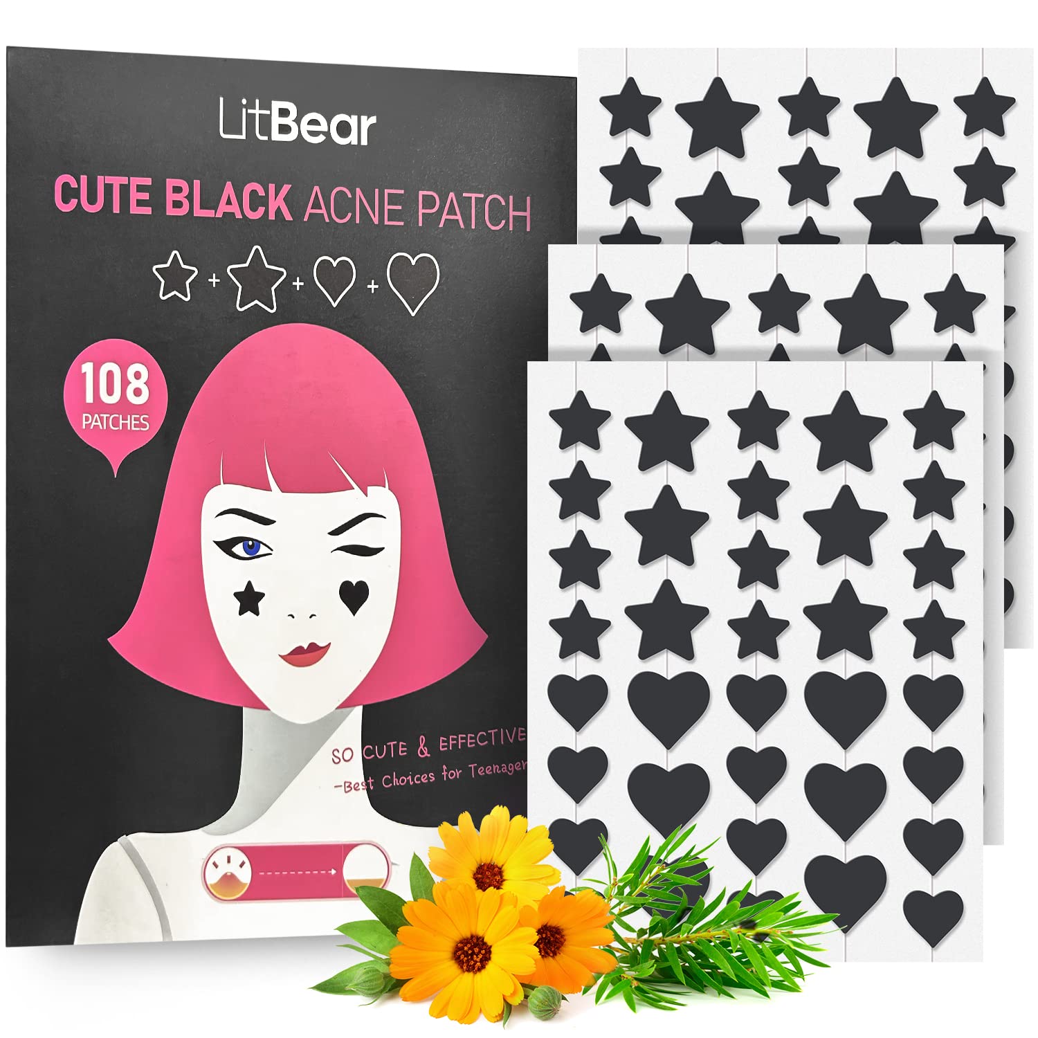 LitBear Acne Patch Pimple Patch, Black Star & Heart Shaped Acne Absorbing Cover Patch, Hydrocolloid Acne Patches For Face Zit Pa