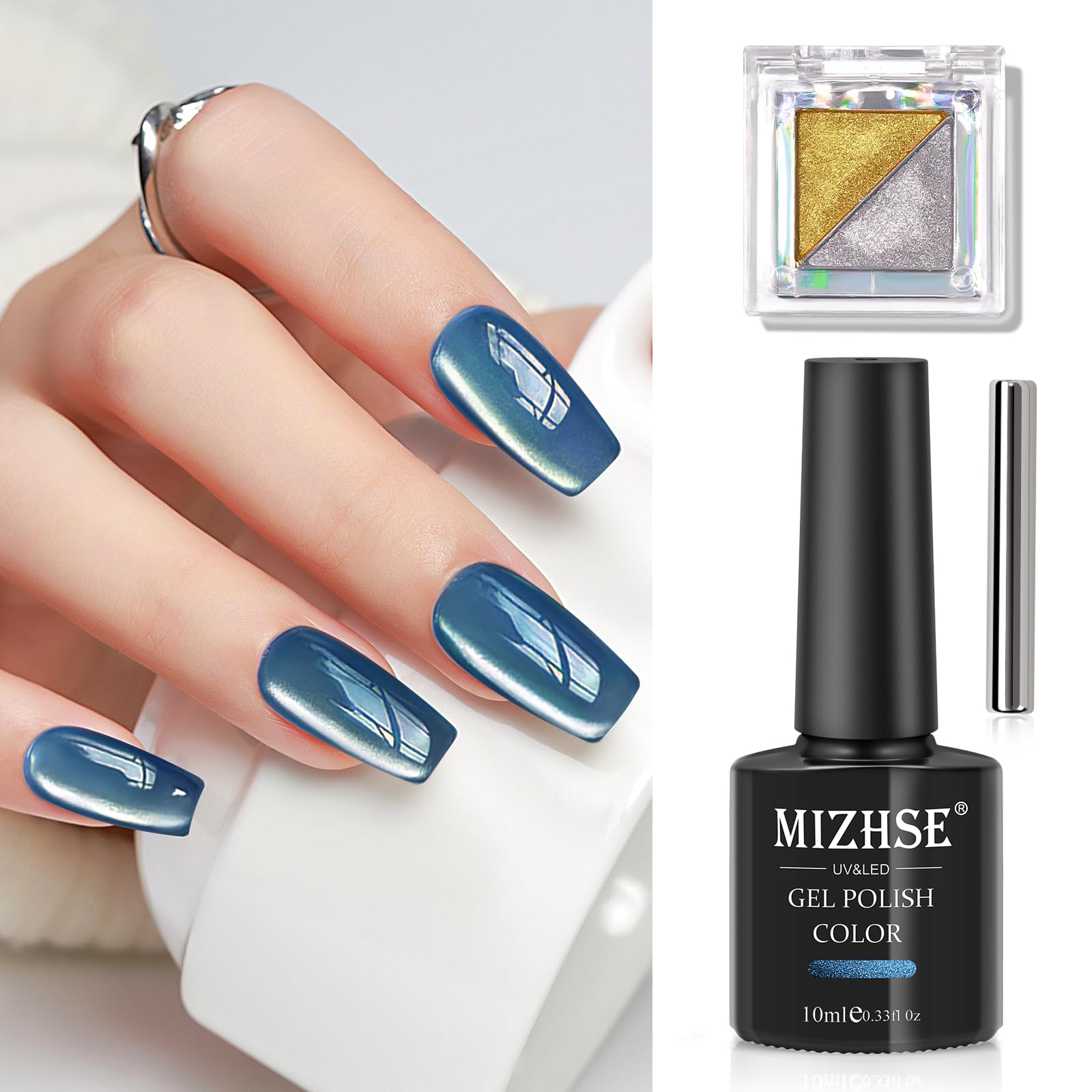 Mizhse Cat Eye Gel Nail Polish: Blue Magnetic Gel Polish With Magnet Stick Metallic Mirror Chrome Powder, Maillard Style Magic E