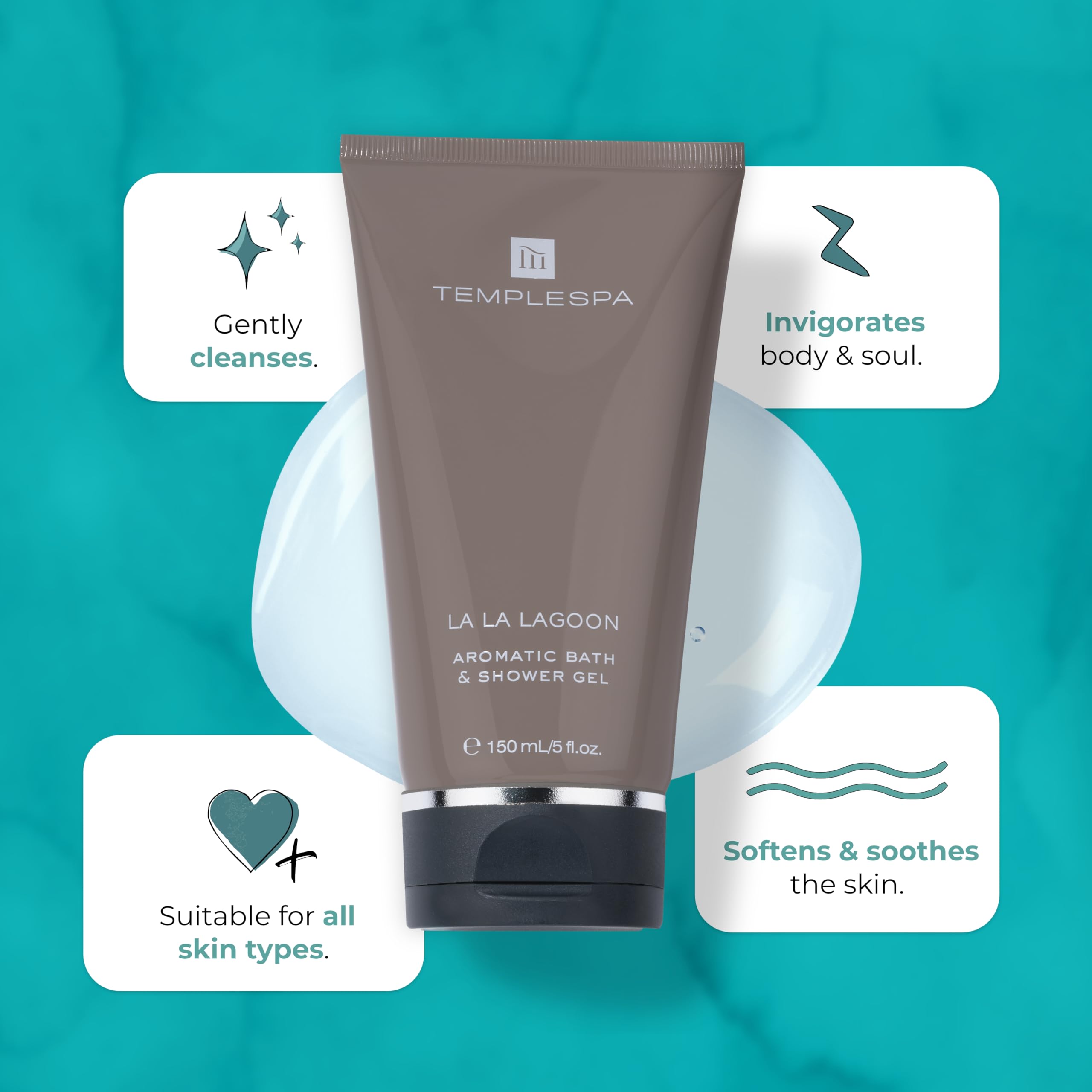 Templespa | La La Lagoon | Luxury Bath And Shower Gel For Cleansing, Fresh Skin, Smooth Texture, Natural Ingredients, Free From