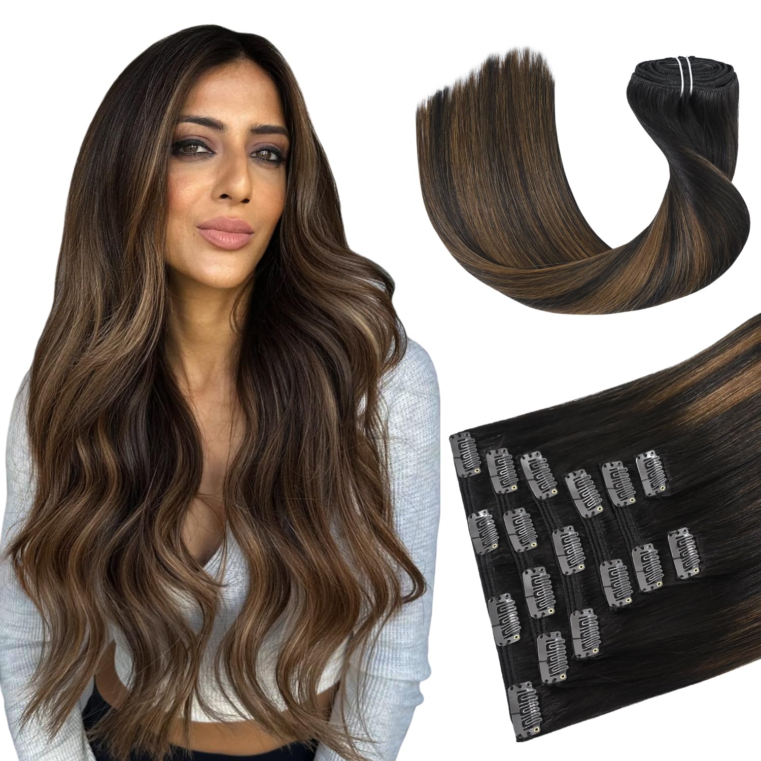 HUAYI Hair Extensions Clip in Human Hair Ombre Dark Brown to Chestnut Brown 120g 20inch 7pcs Balayage Clip in Hair Extensions Re