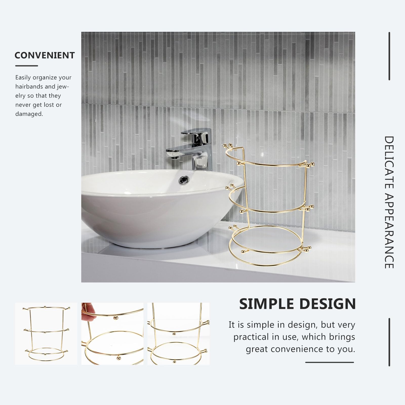 Metal Crown Display Stand, 3-Tier Tiara Headband Display Rack, Brackets Hair Accessories Organizer, Bathroom Vanity Storage Tray
