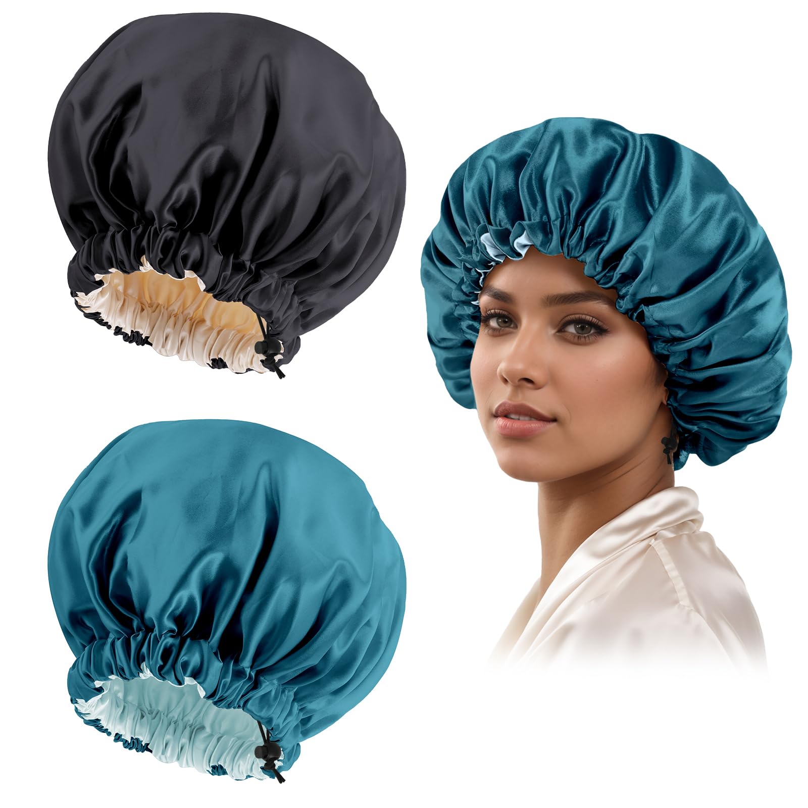 Satin Bonnet Silk Bonnet for Curly Hair Bonnet Braid Bonnet for Sleeping Bonnets for Women Large Double-Layer Adjustable(Black&B