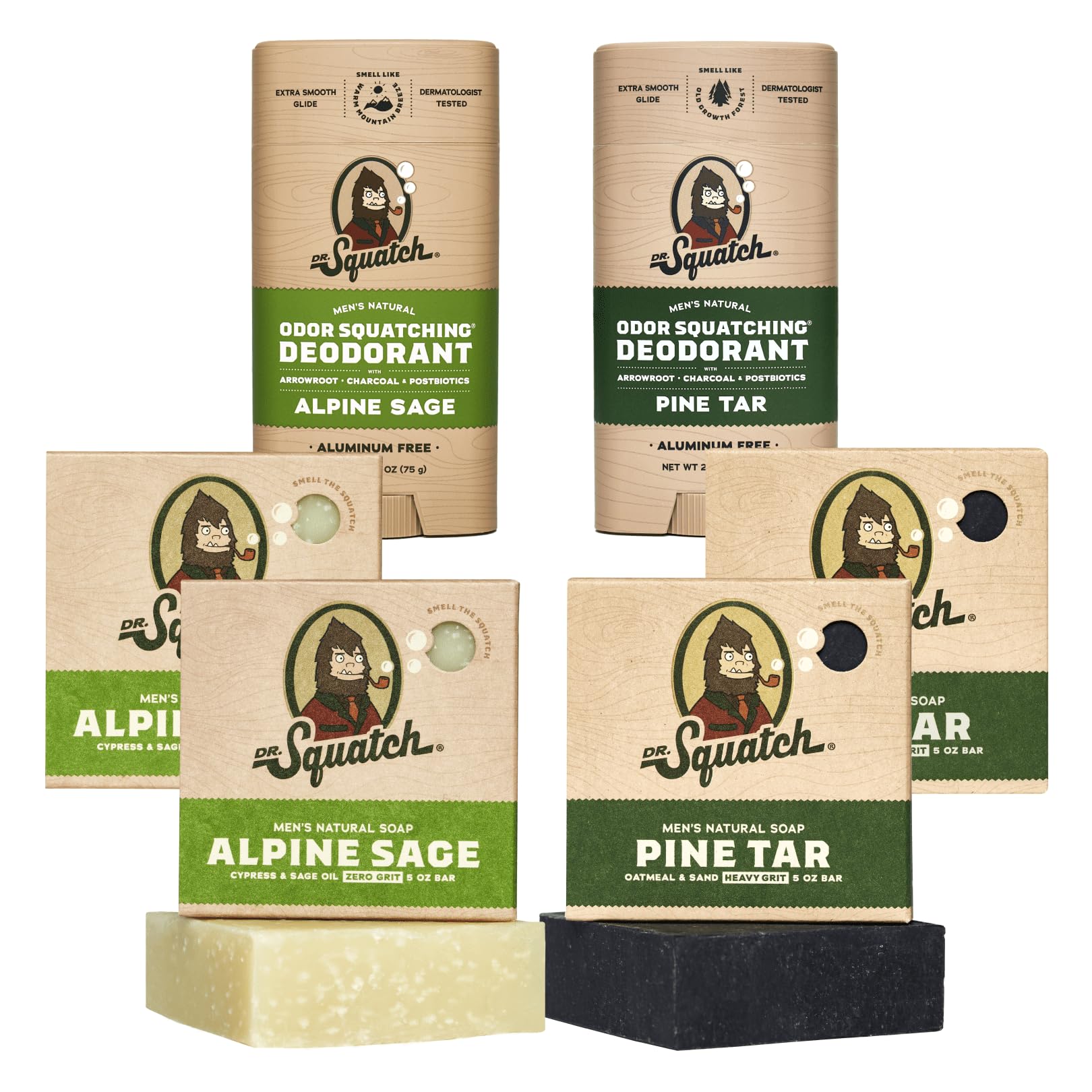 Dr. Squatch Manly Soap and Deodorant Variety Pack - Handmade with Organic Oils, Aluminum-Free - Pine Tar and Alpine Sage