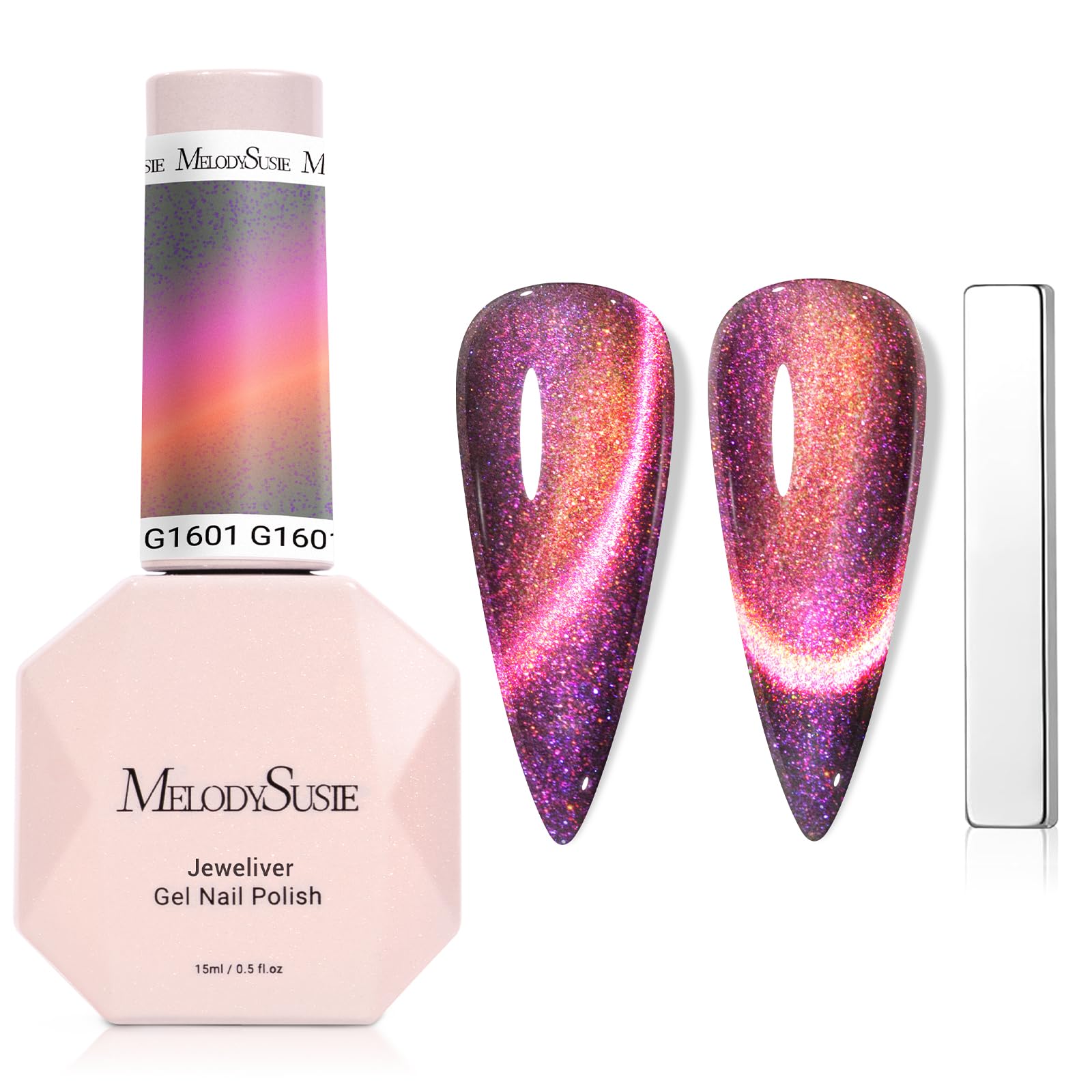 MelodySusie 9D Chameleon Cat Eye Gel Nail Polish, 0.5 Fl Oz Pink Glitter Holographic Magnetic Nail Polish with Magnet, UV Nail P