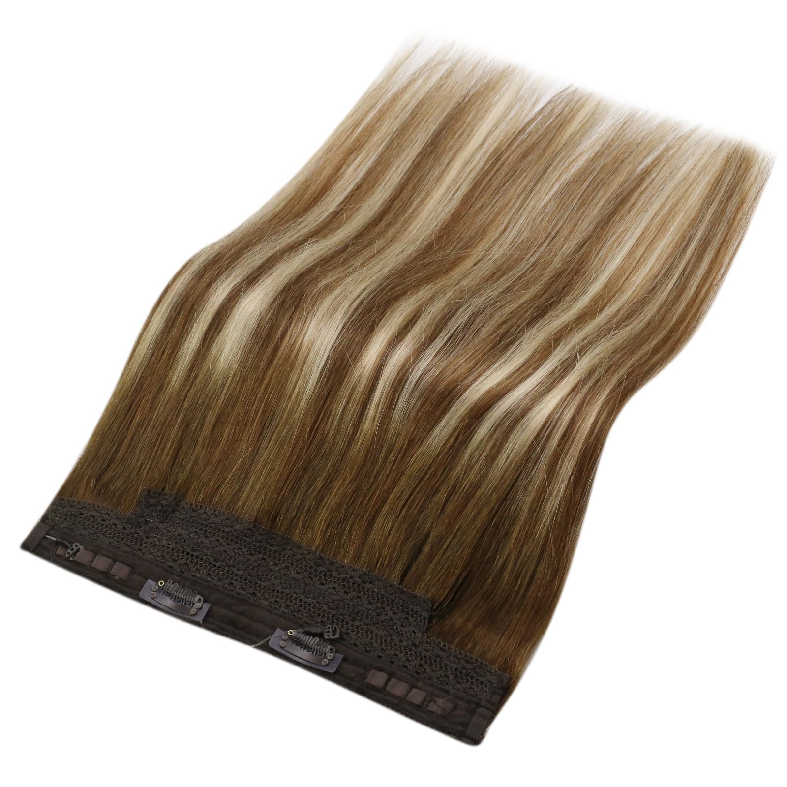 Sunny Invisible Wire Hair Extensions 12Inch Ombre Fishing Line Hair Extensions Human Hair Medium Brown Balayage Platinum Blonde
