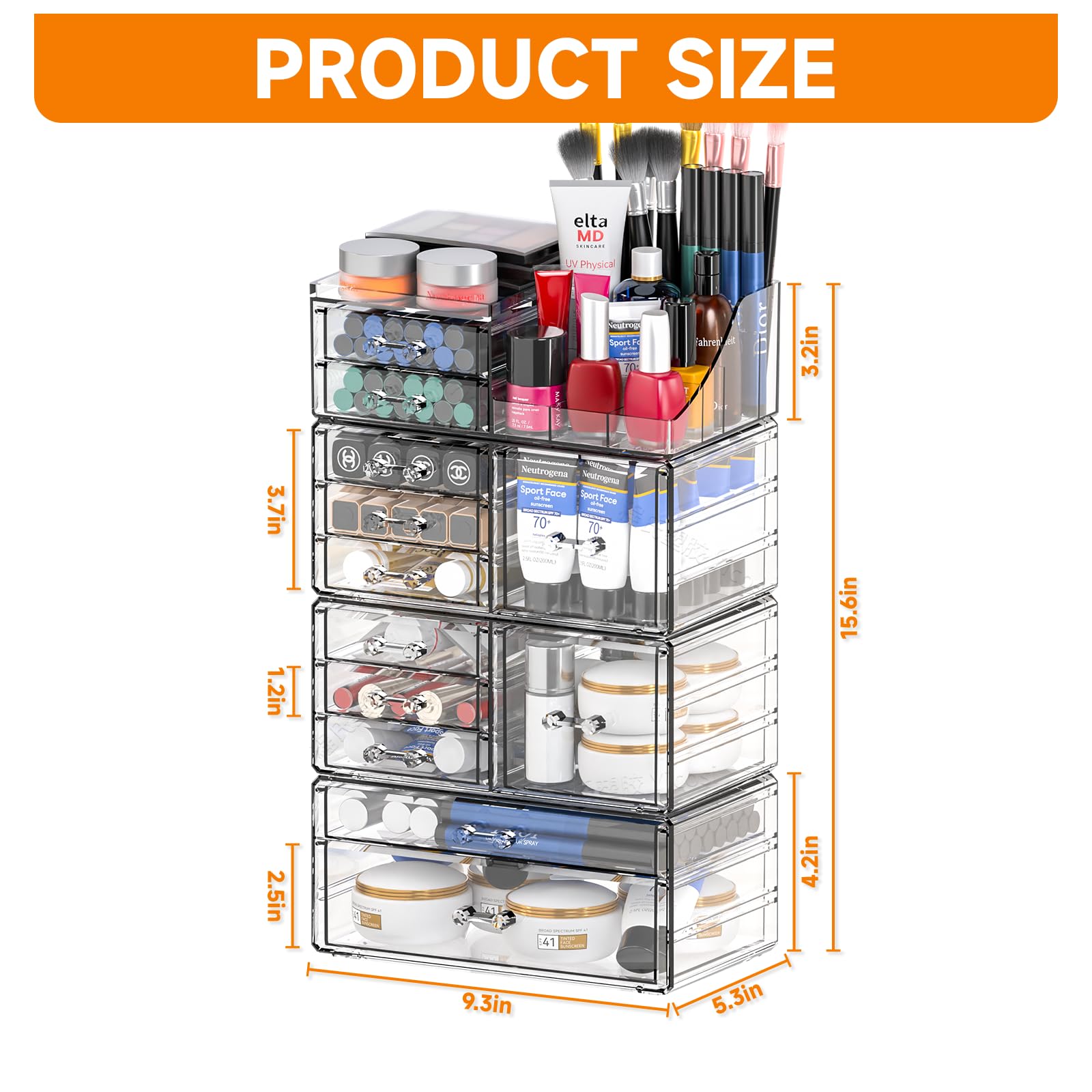 Cq acrylic 4 Pack Clear Makeup Organizer for Counter,12 Drawers Stackable Skincare Organizer,Large Cosmetic Storage Organizer fo