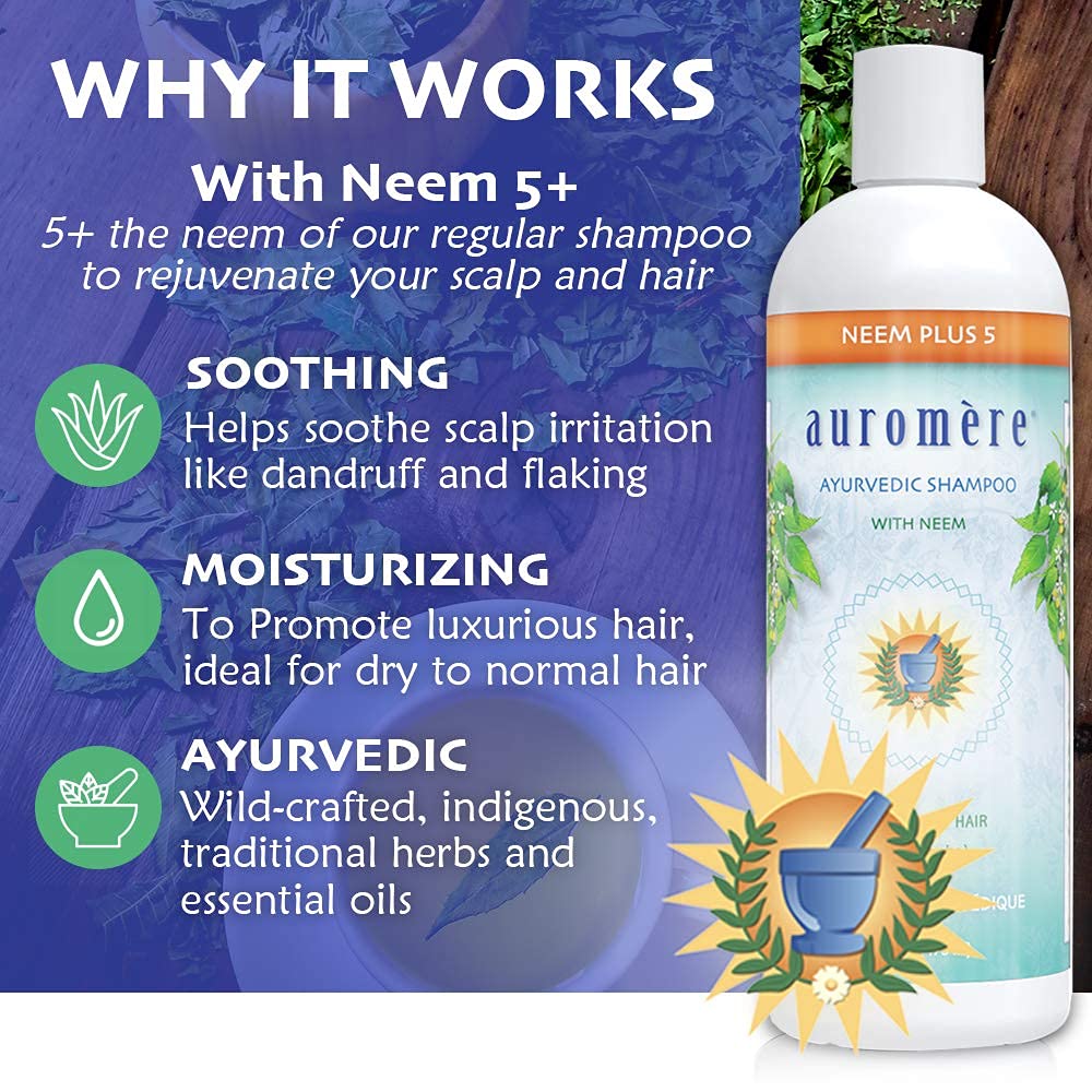 Auromere Ayurvedic Shampoo, Neem + 5 - Vegan, Cruelty Free, Non-Gmo, Natural, Gluten Free, Sulfate Free, Paraben Free For Normal