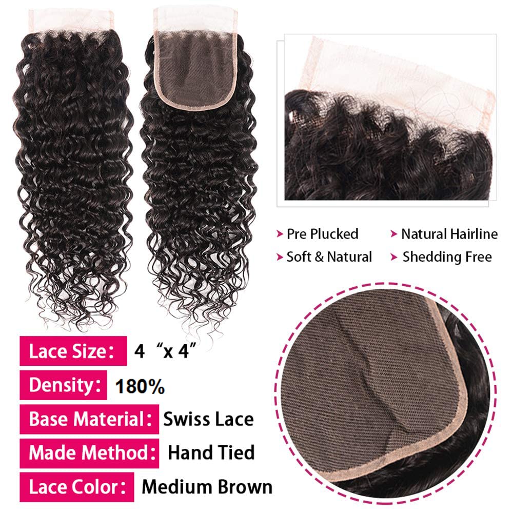 Water Wave Bundles And Closure Human Hair Wet And Wavy Bundles With Closure 10A Curly Bundles Human Hair With 4X4 Lace Closure B