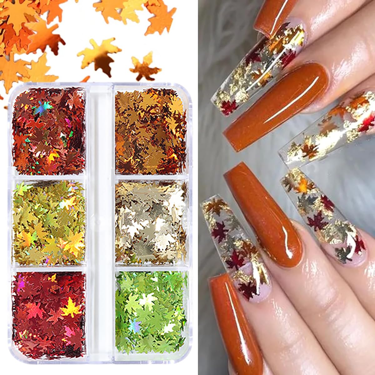 Maple Leaf Nail Art Glitter Sequins 3D Fall Leaves Nail Sequins Autumn Maple Leaves Glitter Nail Flakes Holographic Confetti 6 C