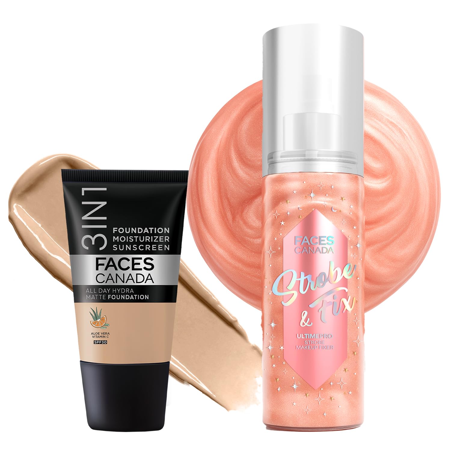 Faces Canada Cover & Fix Kit 3  Ultime Pro Strobe Makeup Fixer (50Ml) + Hydra Matte Foundation Mini  Medium Natural (18Ml) | L