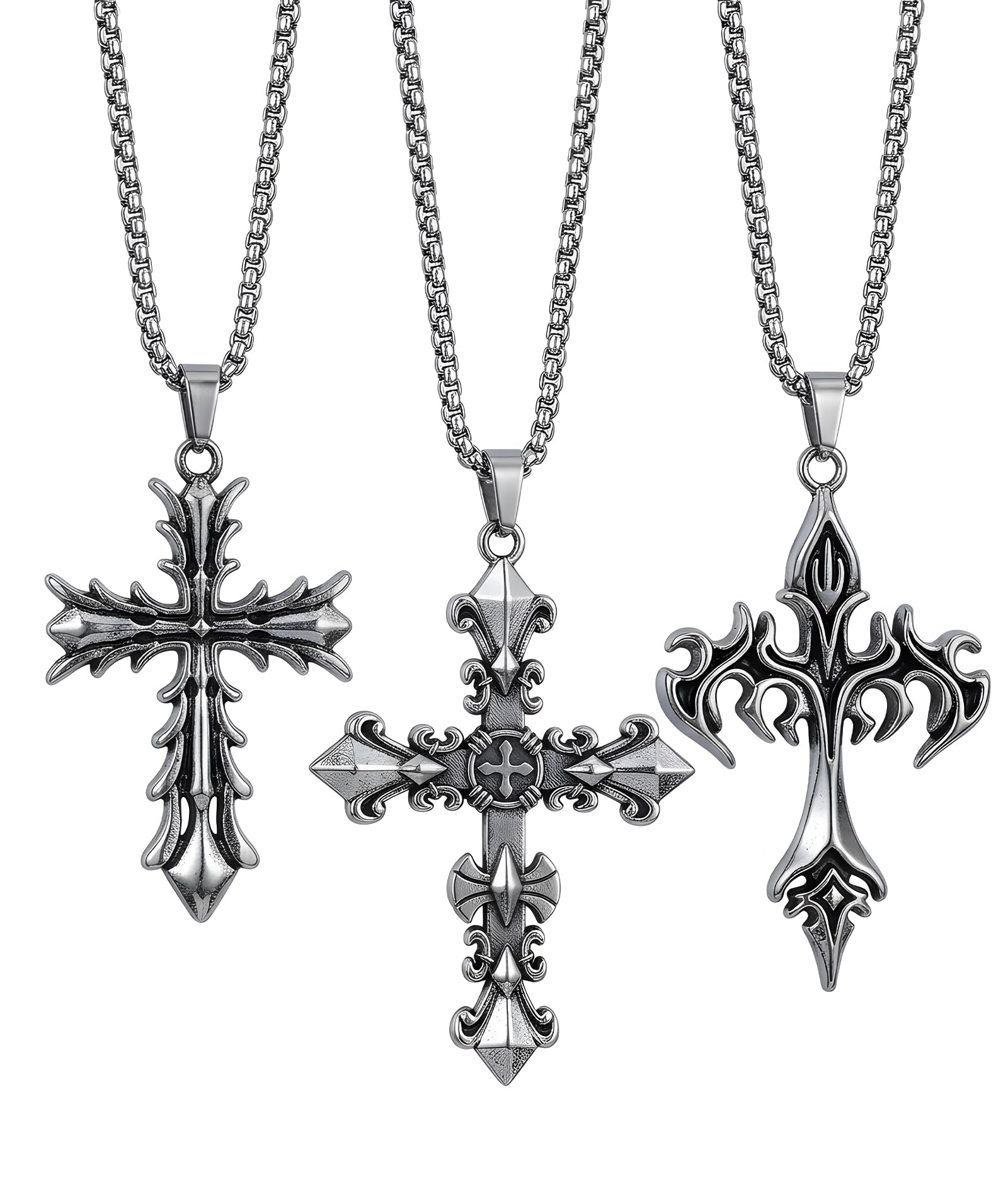 Chuppinz 3Pcs Cross Chain For Men, Gothic Jewellery Set With Cross Pendants, Stylish Necklace For Alternative Fashion, Alloy Mat