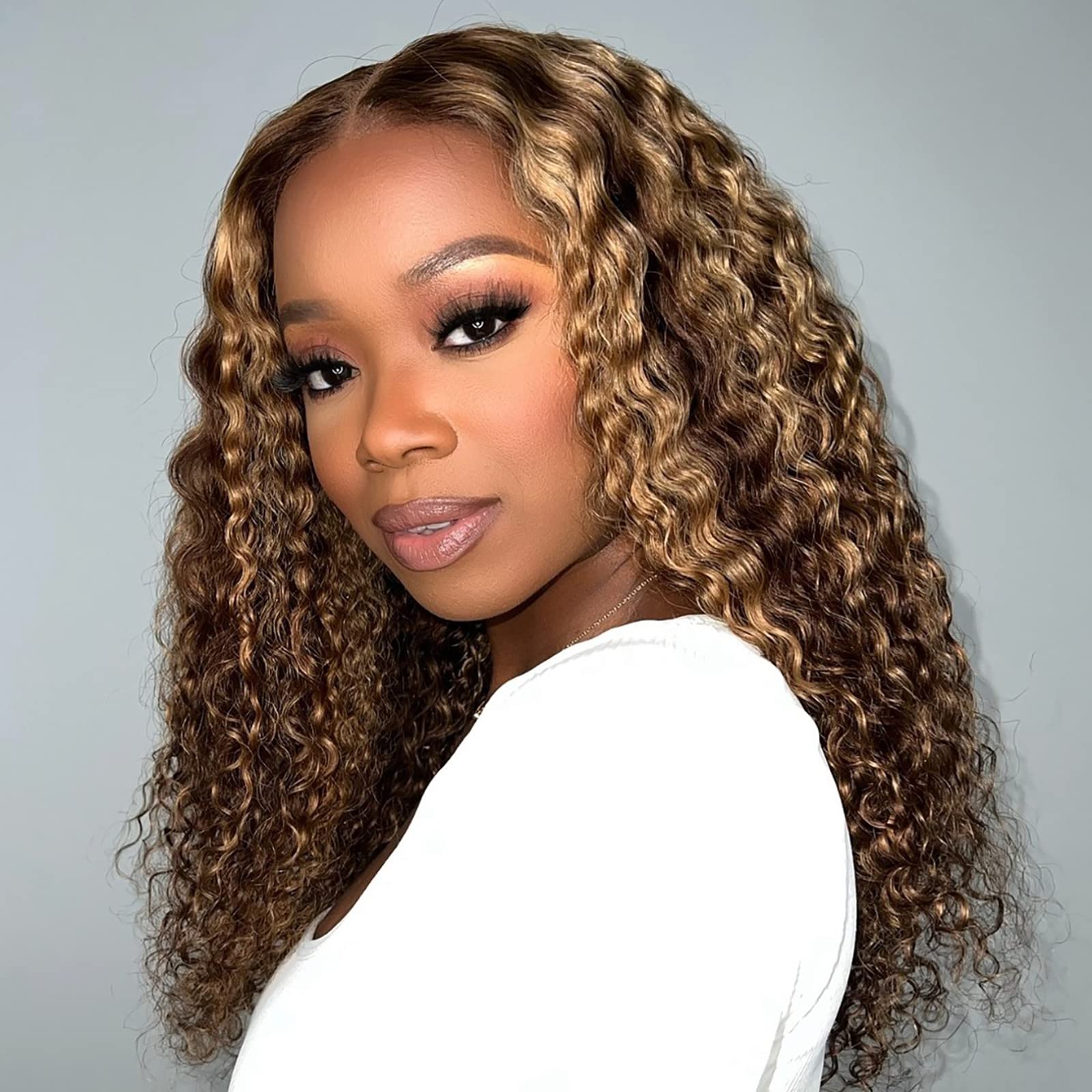 Juvid Highlight Ombre 13x6 Lace Front Wigs Human Hair 180 Density Curly Honey Blonde 4/27 HD Transparent Frontal Wig for Women D