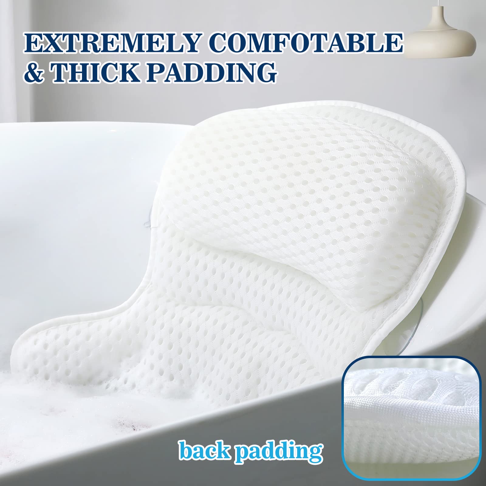 Ozyalo Bath Pillow for Tub - Luxury 4D Mesh, Non-Slip Suction Cups, White, Model 1015, Neck and Back Support