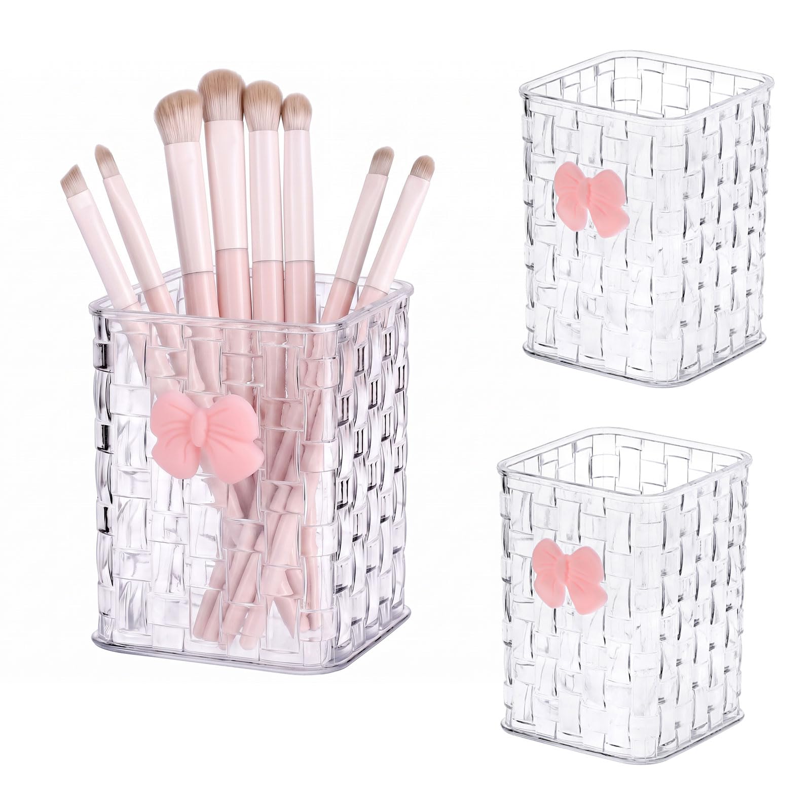 GUSHBIN 3 Pack Pink Makeup Brush Holder Cosmetics Brushes Cup with Bow