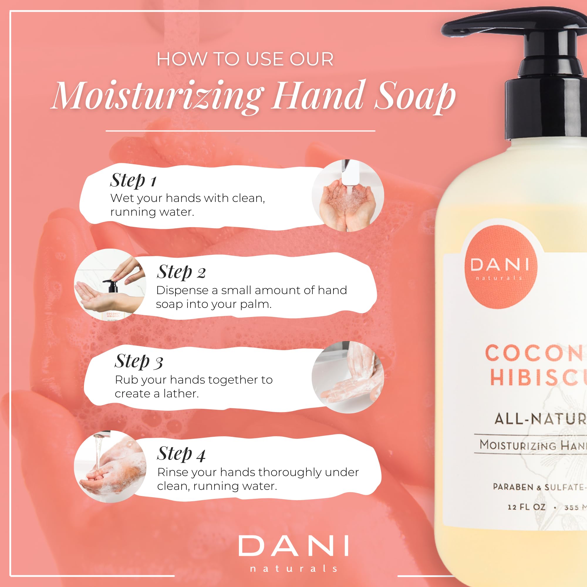 Dani Natural Moisturizing Liquid Handwash Naturals -Tropical Coconut Hibiscus Scented - Gentle Soap With Organic Aloe Vera - 12