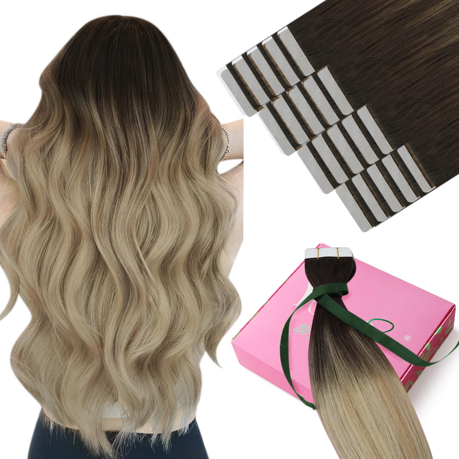 YoungSee Ombre Tape in Hair Extensions Human Hair 20 Inch Balayage Tape ins Human Hair Extensions Dark Brown to Blonde with Brow