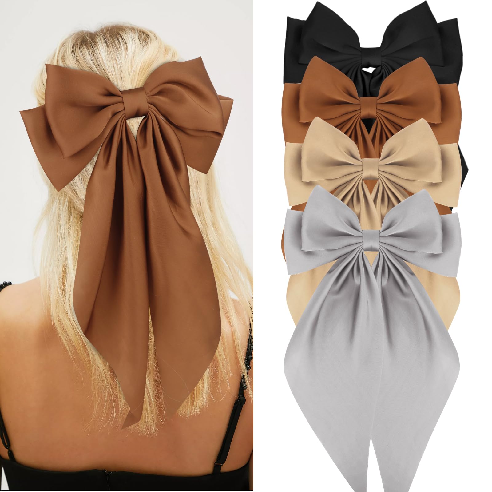 Wecoe 4pcs Large Satin Hair Bows and Barrettes for Women - Khaki, Coffee, Grey, Black - Long Tail Hair Clips and Accessories for