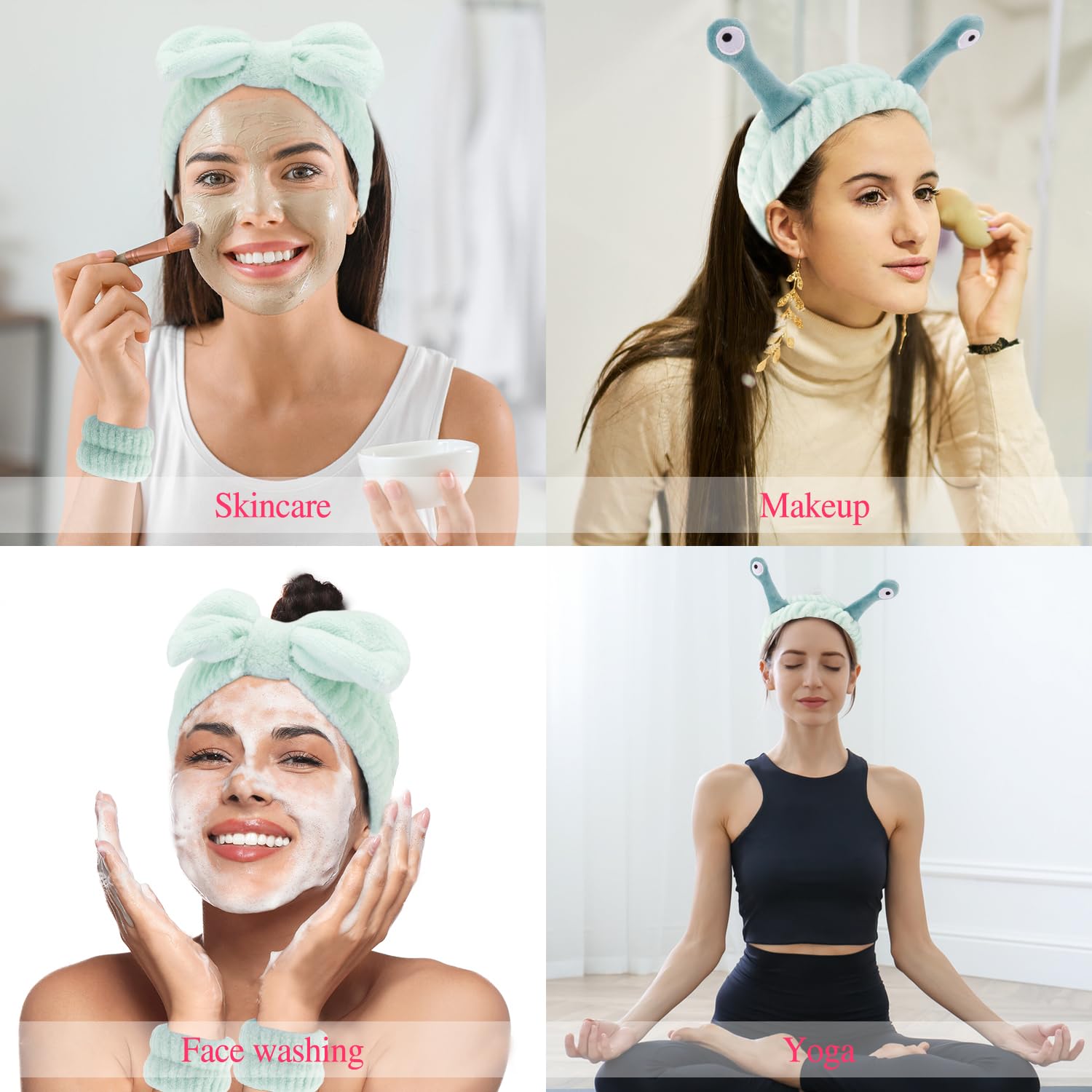 Atoden Spa Headband and Wristband Set Skincare Headband Makeup Headband Bowknot Snail Headbands Wrist Bands for Washing Face Cut