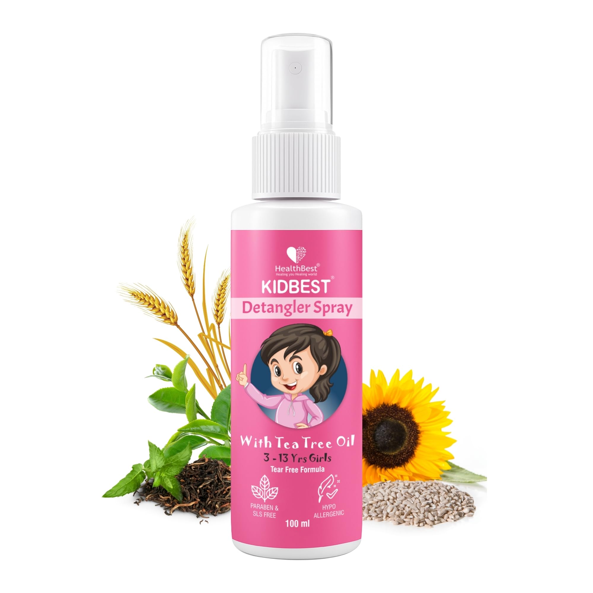 Healthbest Detangler Spray For Kids With Tea Tree Oil | Soft & Shiny Hair | Anti-Frizz, Easy Comb Through, Tangle-Free Hair, Sui