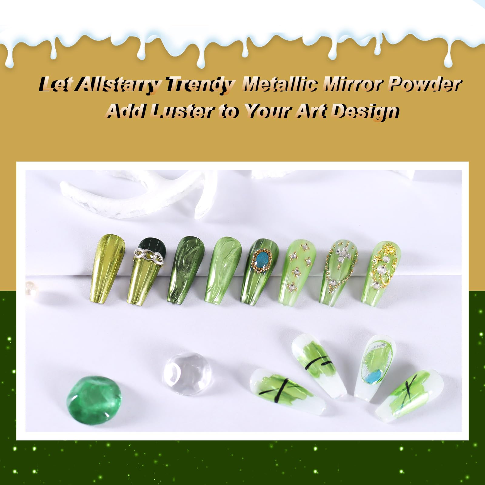 Allstarry Green Chrome Nail Powder, 2 Colors Metallic Effect Mirror Chrome Powder Pigment Manicure Magic Glitter Dust Kit For Ge