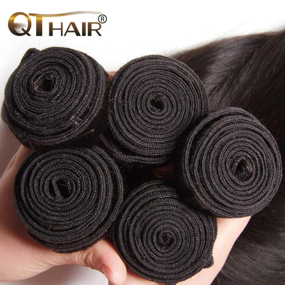 Qthair 14A Virgin Hair Straight Human Hair With Lace Closure (16 18 20+14) 100% Unprocessed Straight Brazilian Virgin Hair Weave