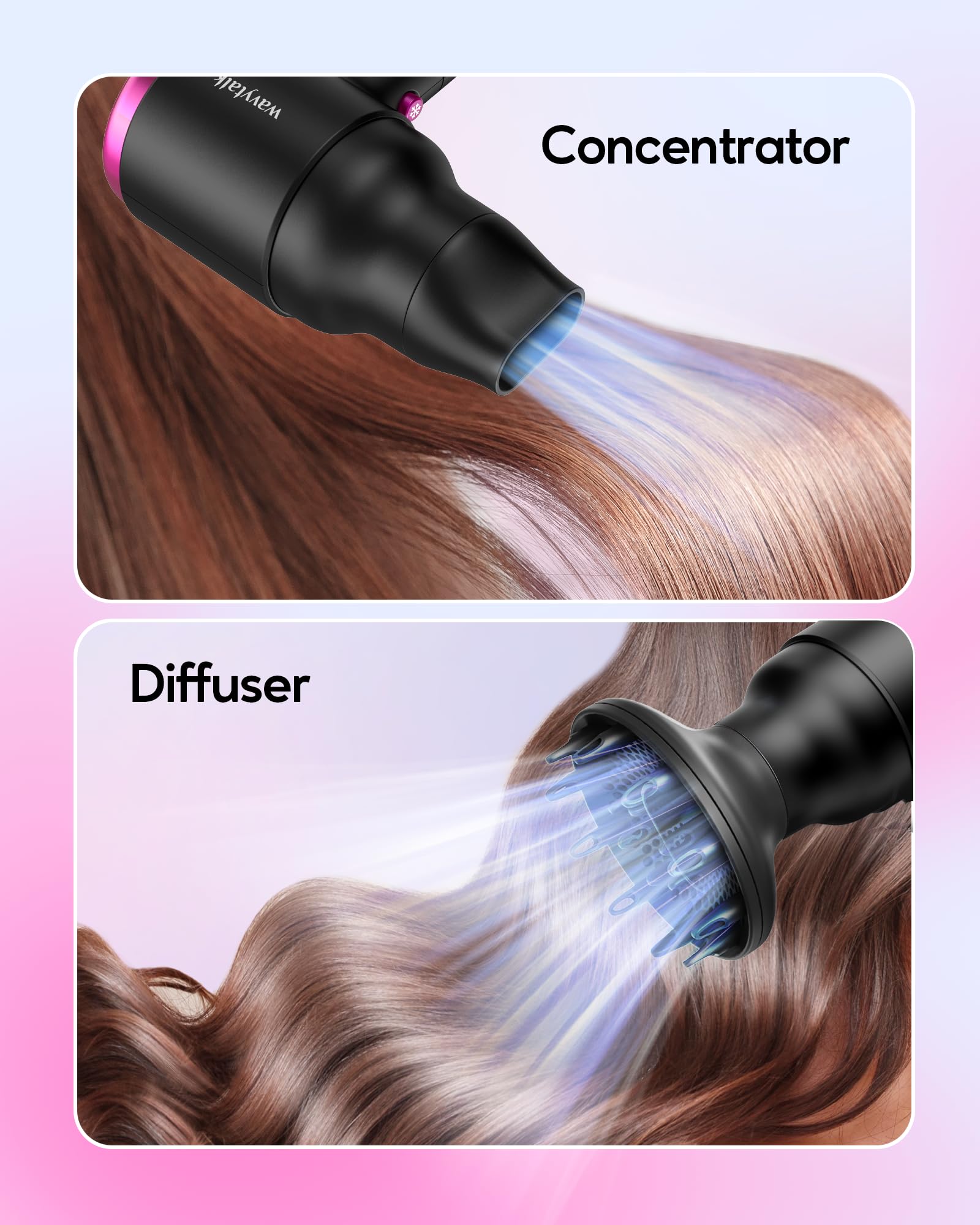 Wavytalk 1600W Hair Dryer with Diffuser, Lightweight Foldable Design, Black