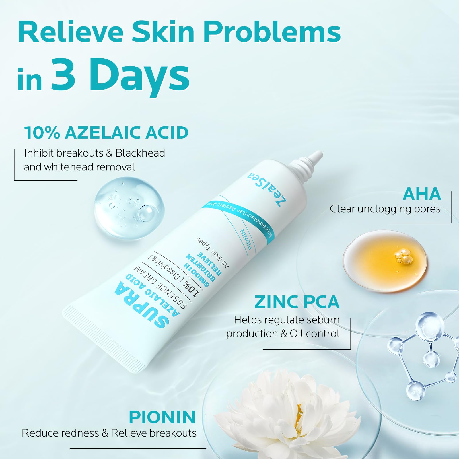 Zealsea Azelaic Acid 10% Facial Cream For Redness Relief Face Skin Care, Pimple Pigmentation Blackhead, Balance Excess Sebum, Cl