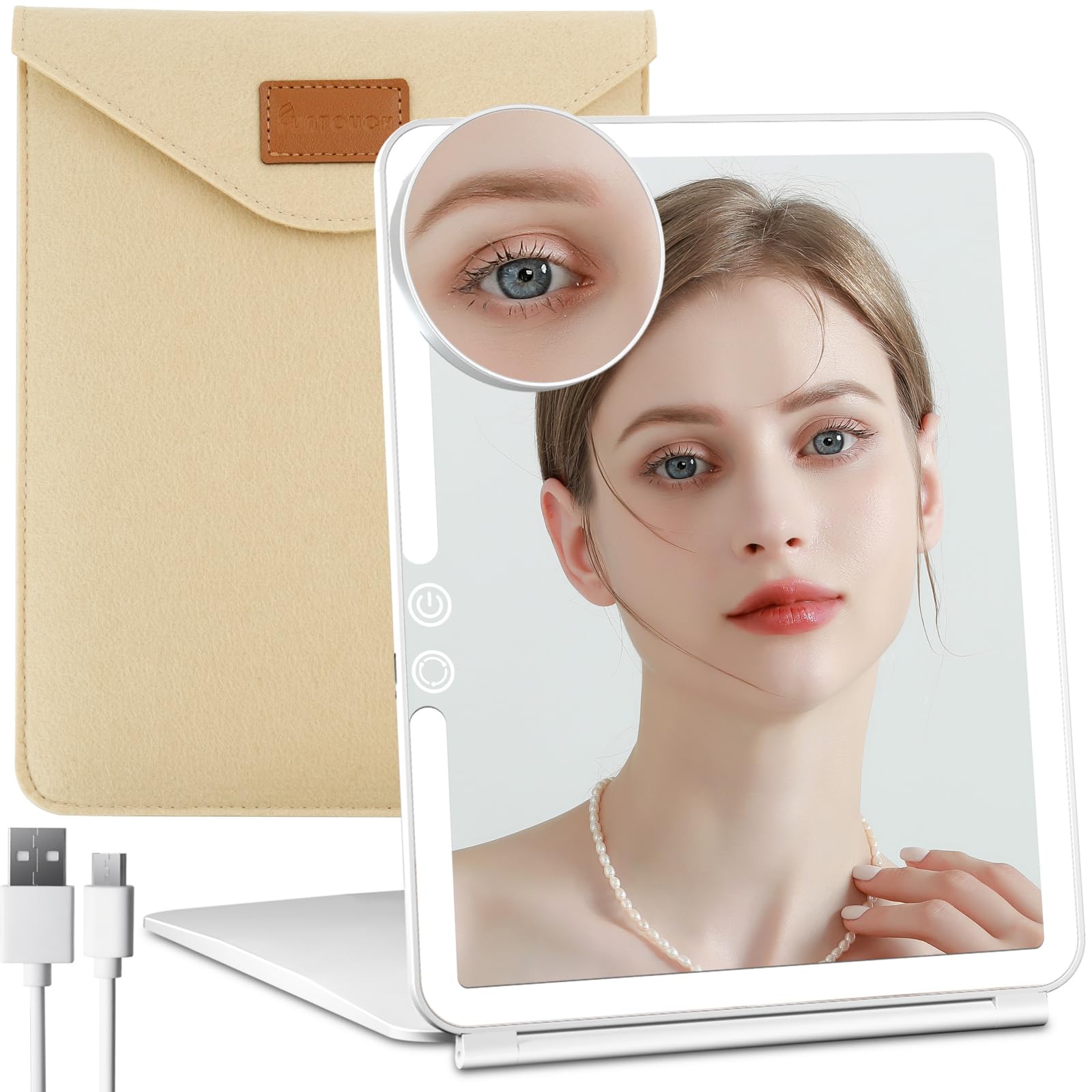 FUNTOUCH Large Rechargeable Travel Makeup Mirror with Light, Portable Makeup Mirror with 10X Magnifying Mirror 3 Lighting Modes,