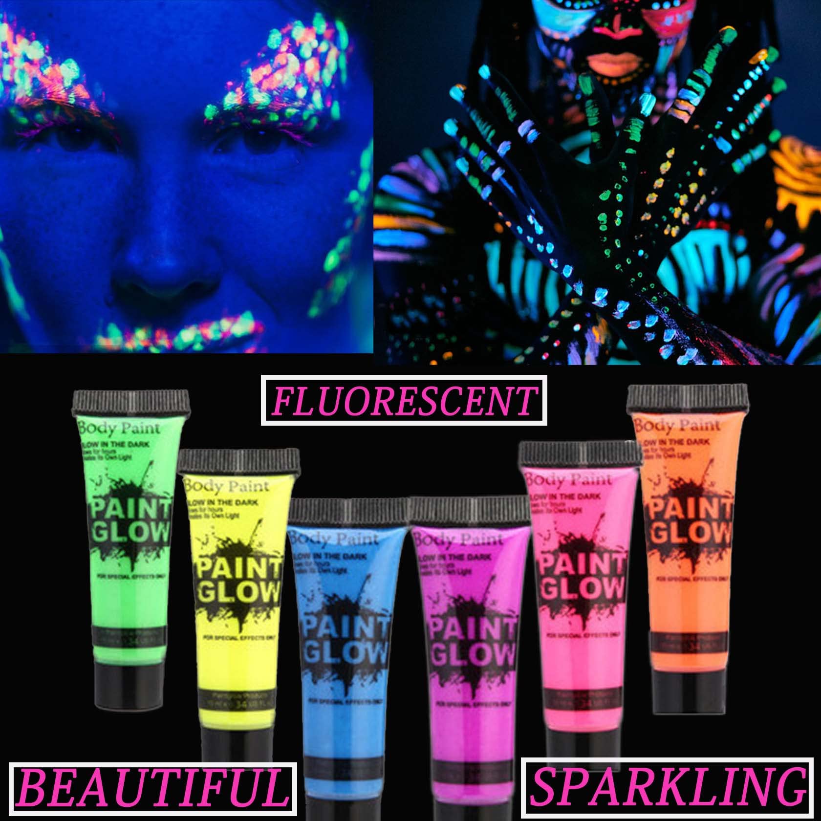 6 Pcs Glow in the Dark Body and Face Paint,Blacklight Neon Body Paints,Washable Quicker Dry Fluorescent Face & Body Makeup for P