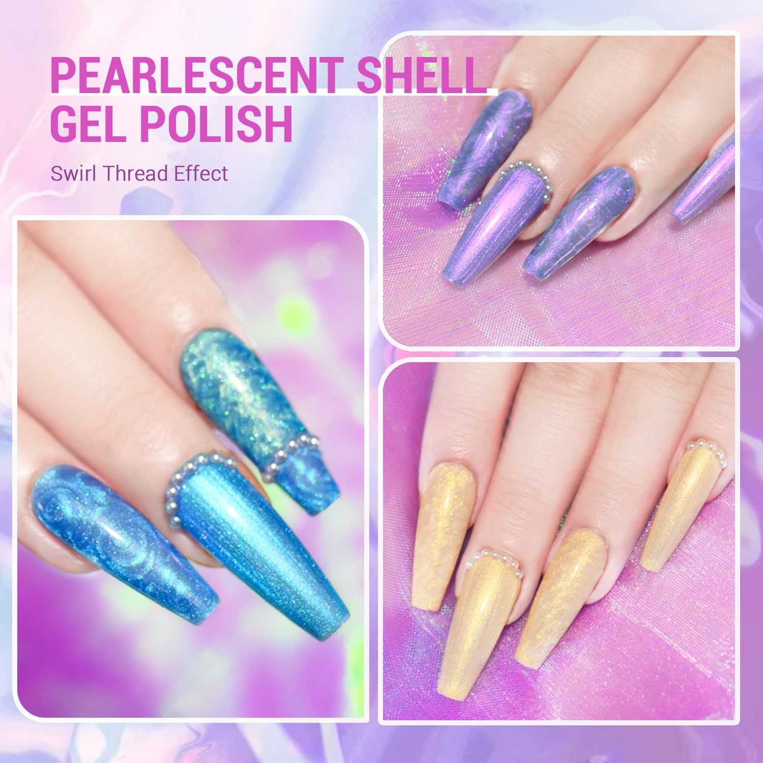 CHARMACY Pearl Gel Nail Polish Set, 6 Colors Shimmer Blue Pink Yellow Shell Thread Nail Polish Gel, Aurora Thread Shell Gel, Mer