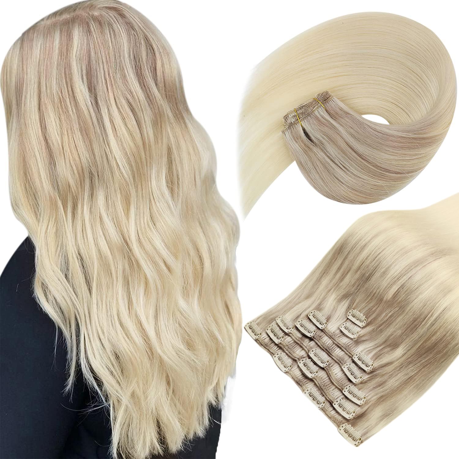Sunny Ombre Clip in Hair Extensions Real Human Hair Blonde Clip in Extensions Ash Blonde to Light Blonde Balayage Platinum Blond
