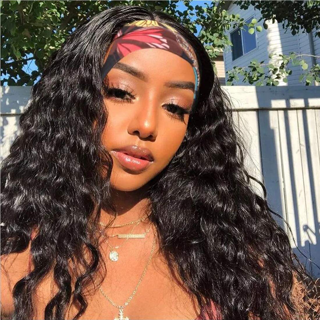 Beauty Forever Headband Human Hair Wigs Water Wave Glueless Human Hair Wigs With Pre-Attached Scarf Non Lace Front Wigs For Wome