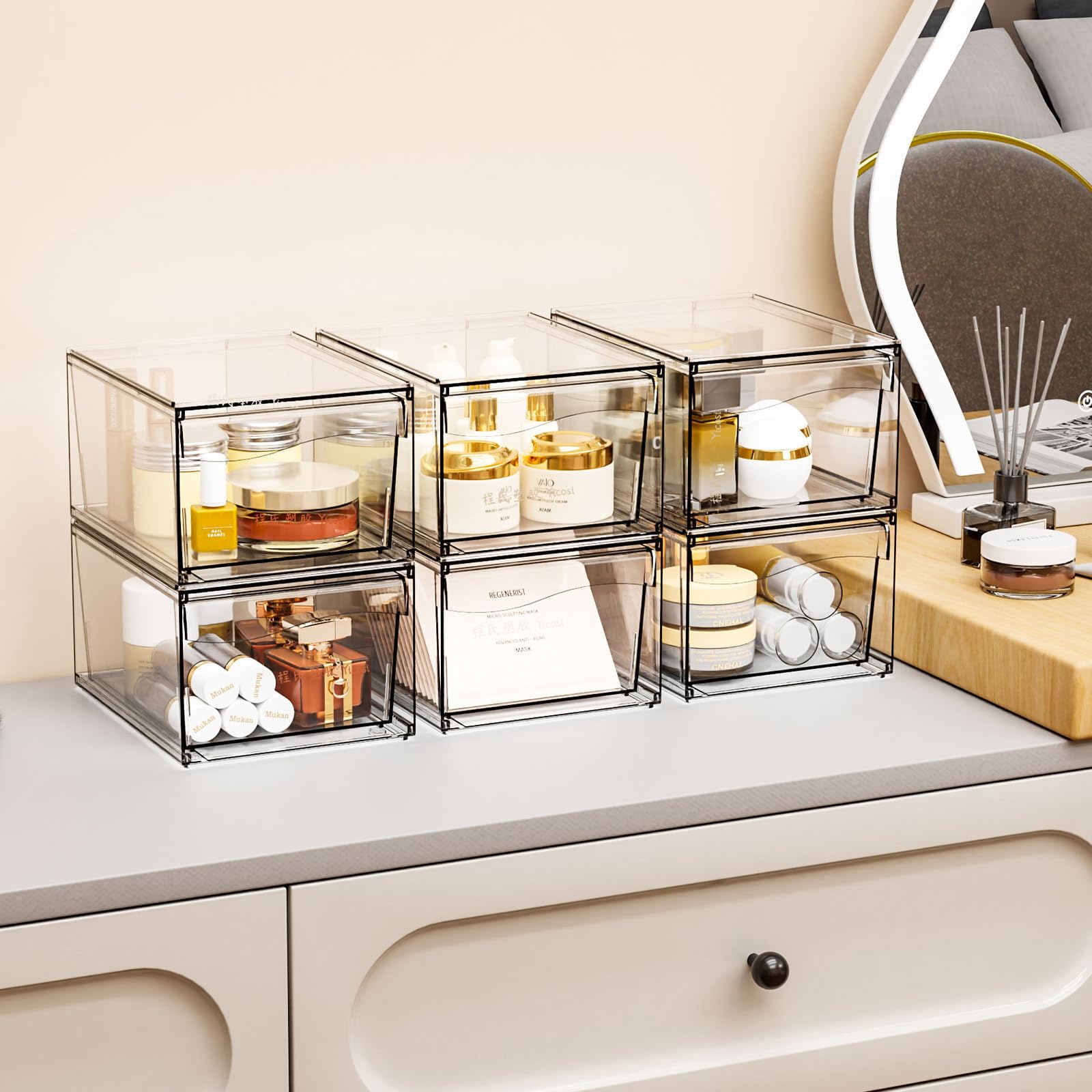 6 Pack Clear Stackable Storage Drawers,12 W Large Bathroom Makeup Organizer and Pen,Sunglass,Medicine,Baby Bottle Organizer,Plas