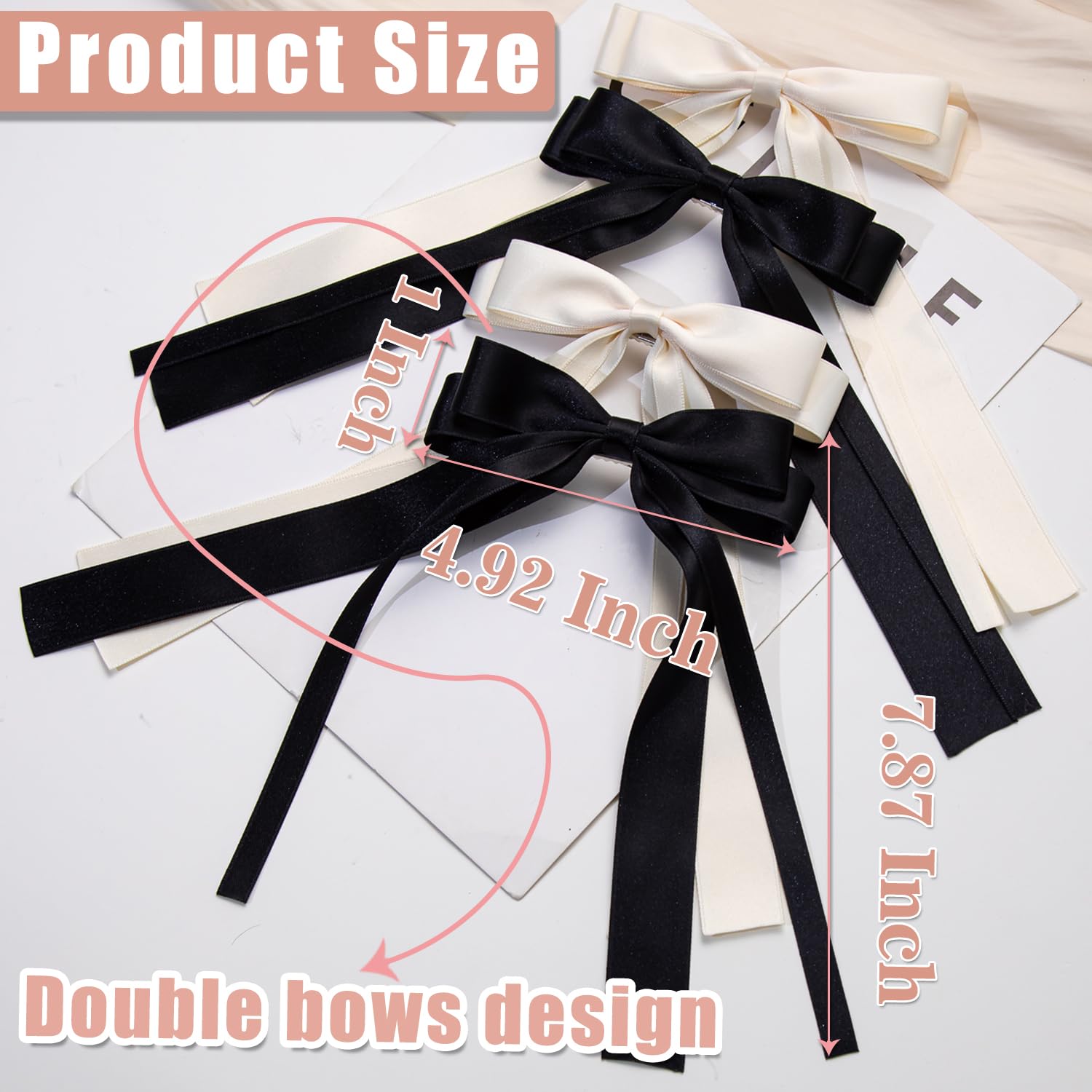 Oversized Long-Tail Cute Aesthetic Hair Accessories: 4 Pcs Ribbon Bows, Large Hair Barrettes, Big Bows For Girls (Beige, Black)