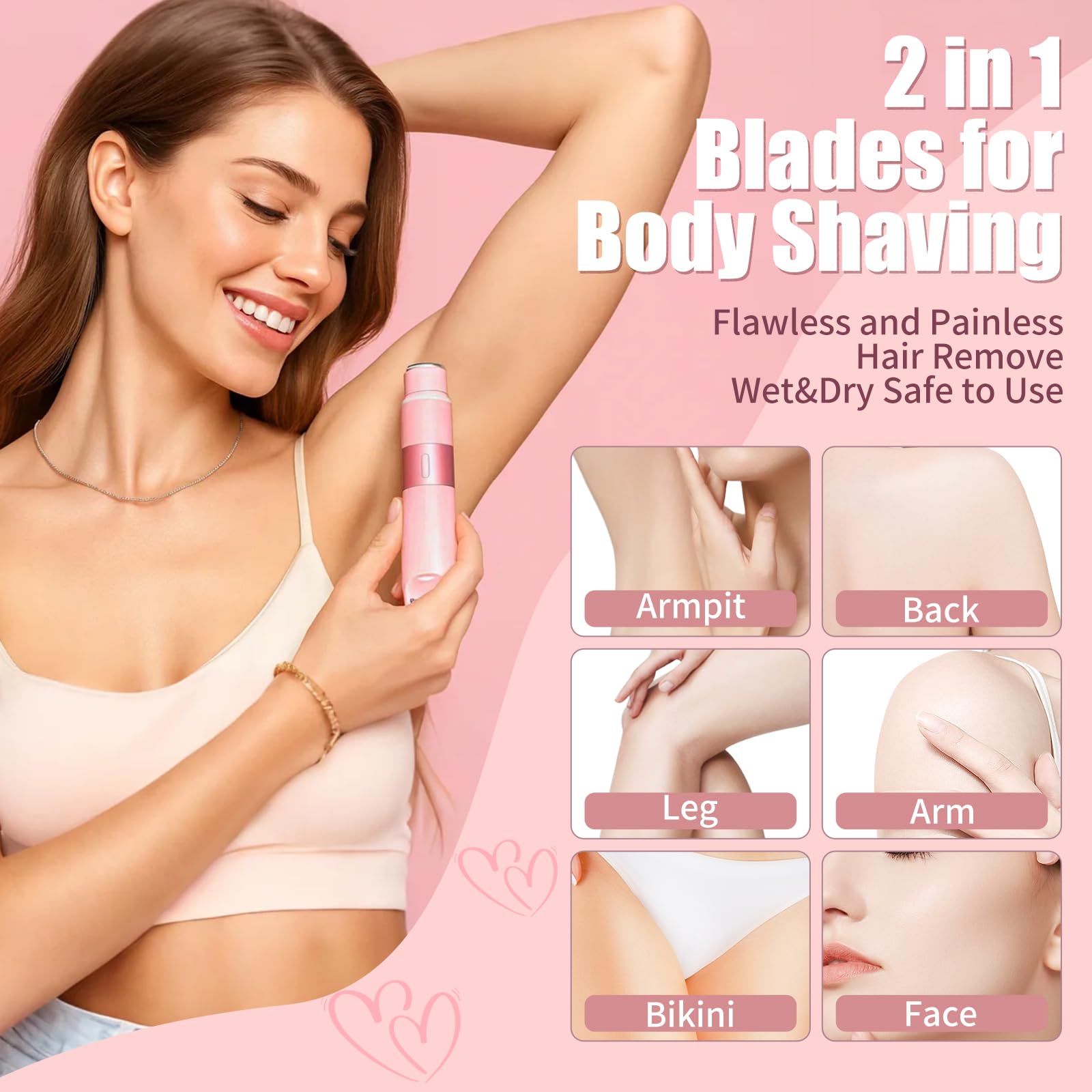 EVANULLE Bikini Trimmer for Women - 2 in 1 Painless Electric Razors for Women, IPX7 Waterproof Rechargeable LED Dual Head Electr