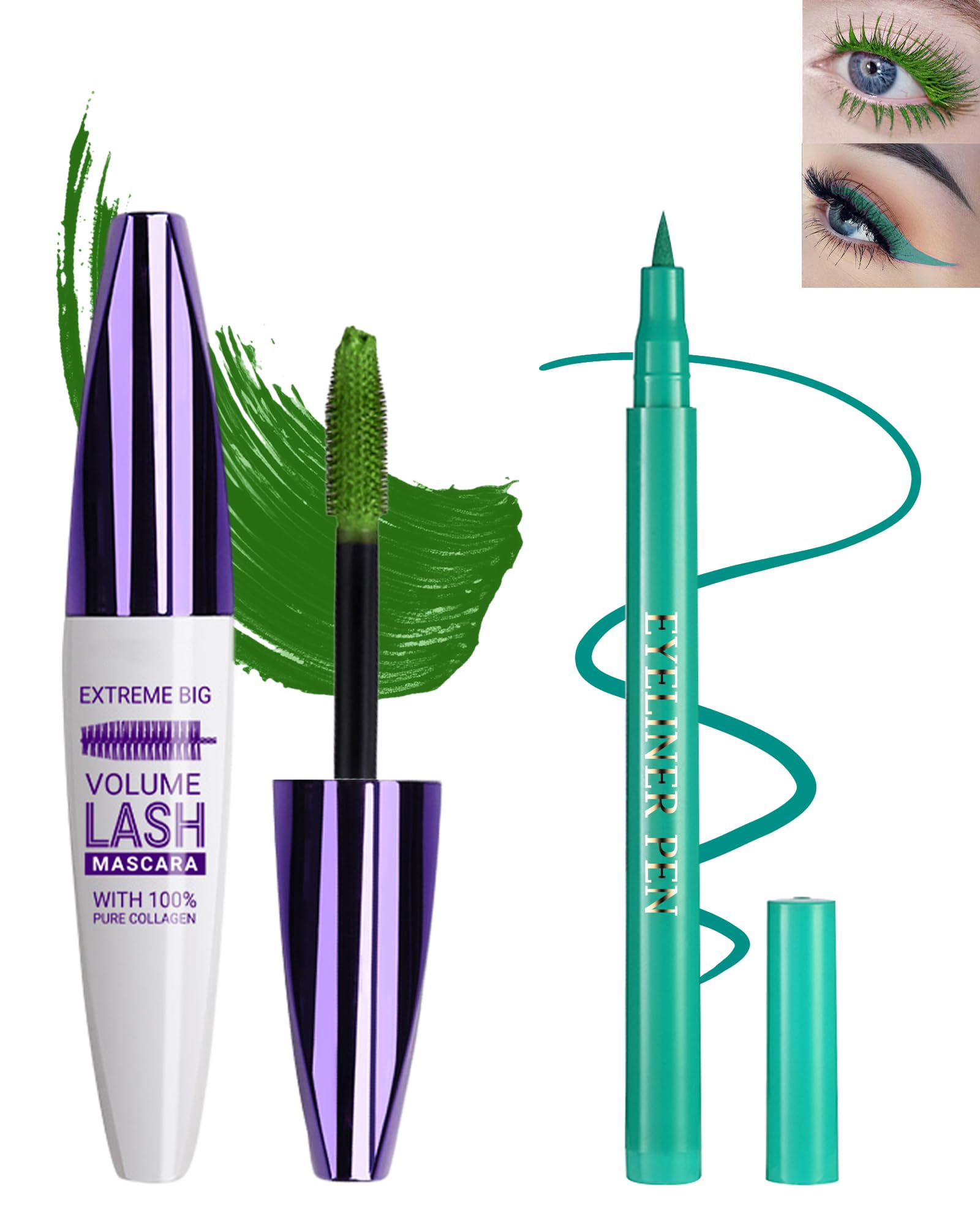 Green Waterproof Mascara & Eyeliner, 5D Silk Fiber Lash Extensions Colored Tubing Mascara Volume And Length, Long-Lasting Smudge