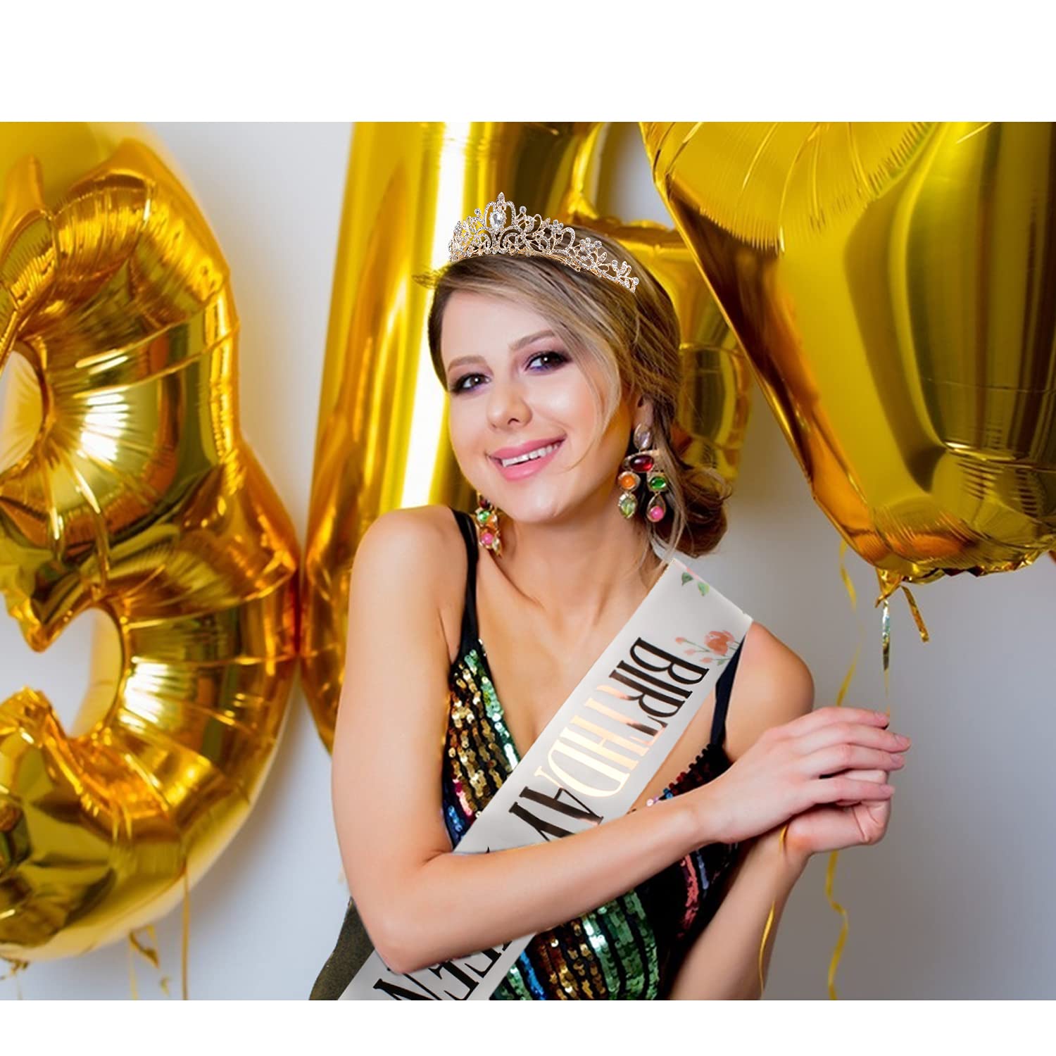 'Birthday Queen'' Sash & Crystal Tiara Kit Cocide Birthday Gold Tiara And Crowns For Women Sash For Girls Pink Birthday Decorat