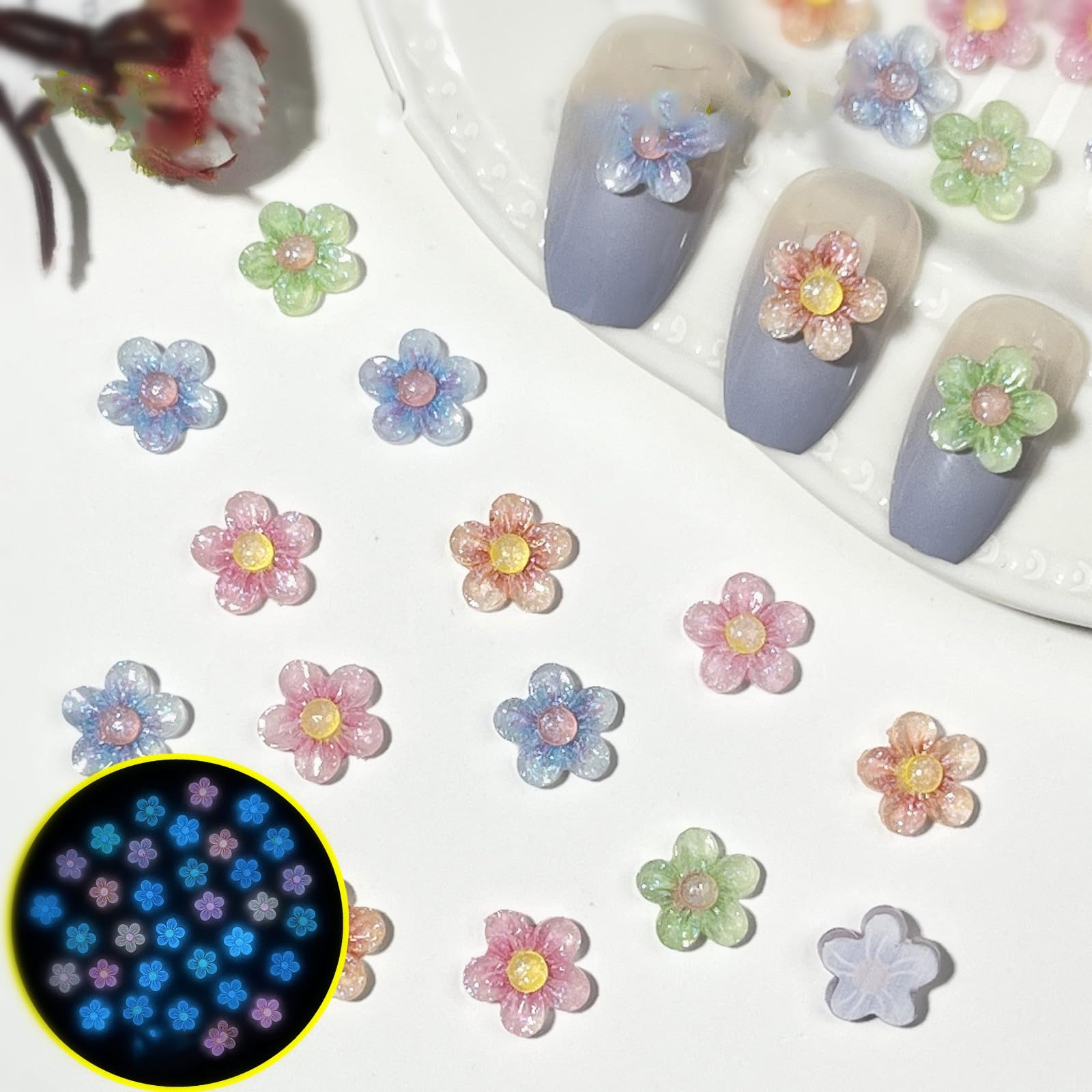 LBPEPAMZ Spring Summer Flower Nail Art Charm Glow at Night Colorful Floral Nail Charms Glitter Gradient Night Light Resin Nail A