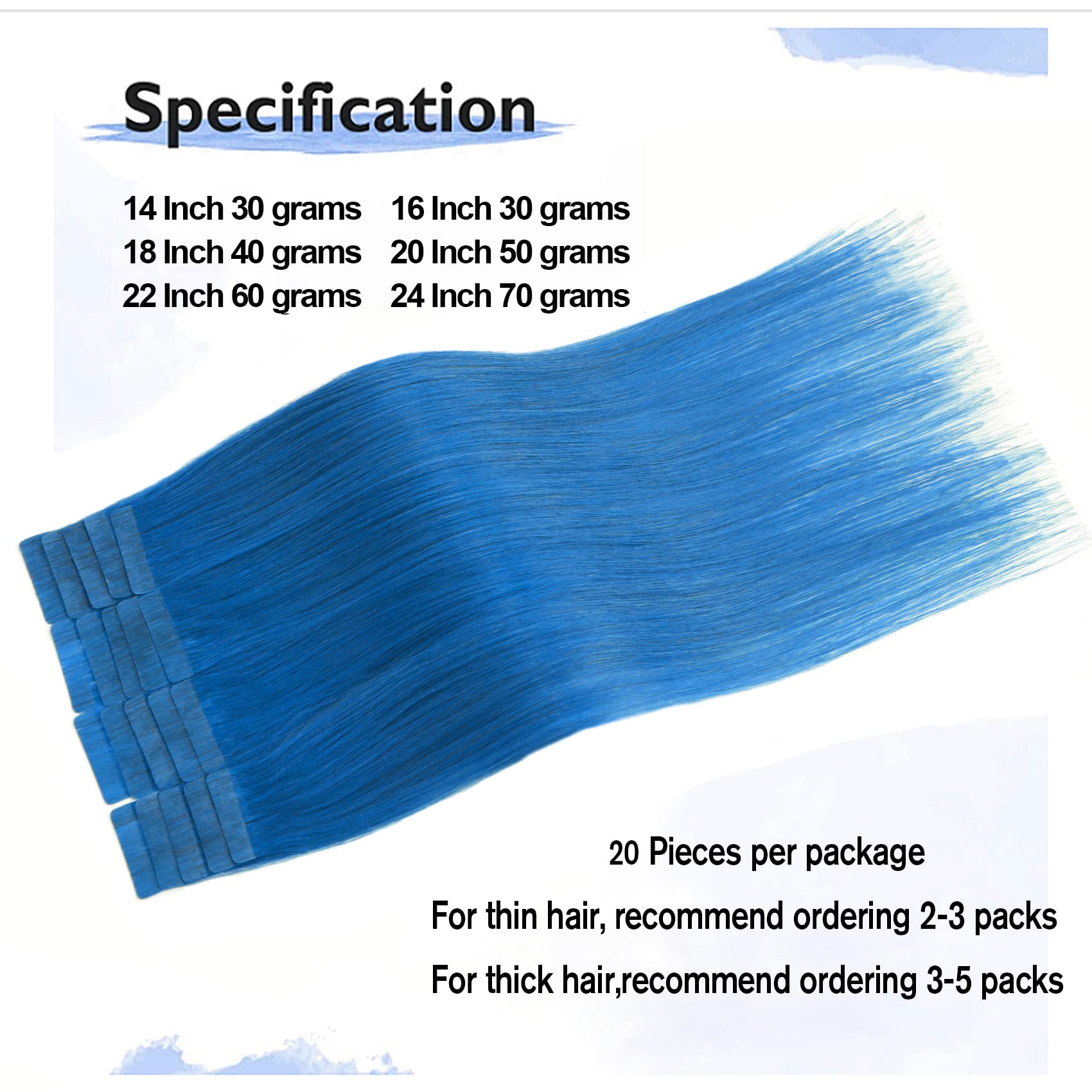 Aison Blue Tape In Hair Extensions 100% Remy Human Hair Extensions Straight For Fashion Women 20 Pcs/Package(18Inch #Blue 40G)