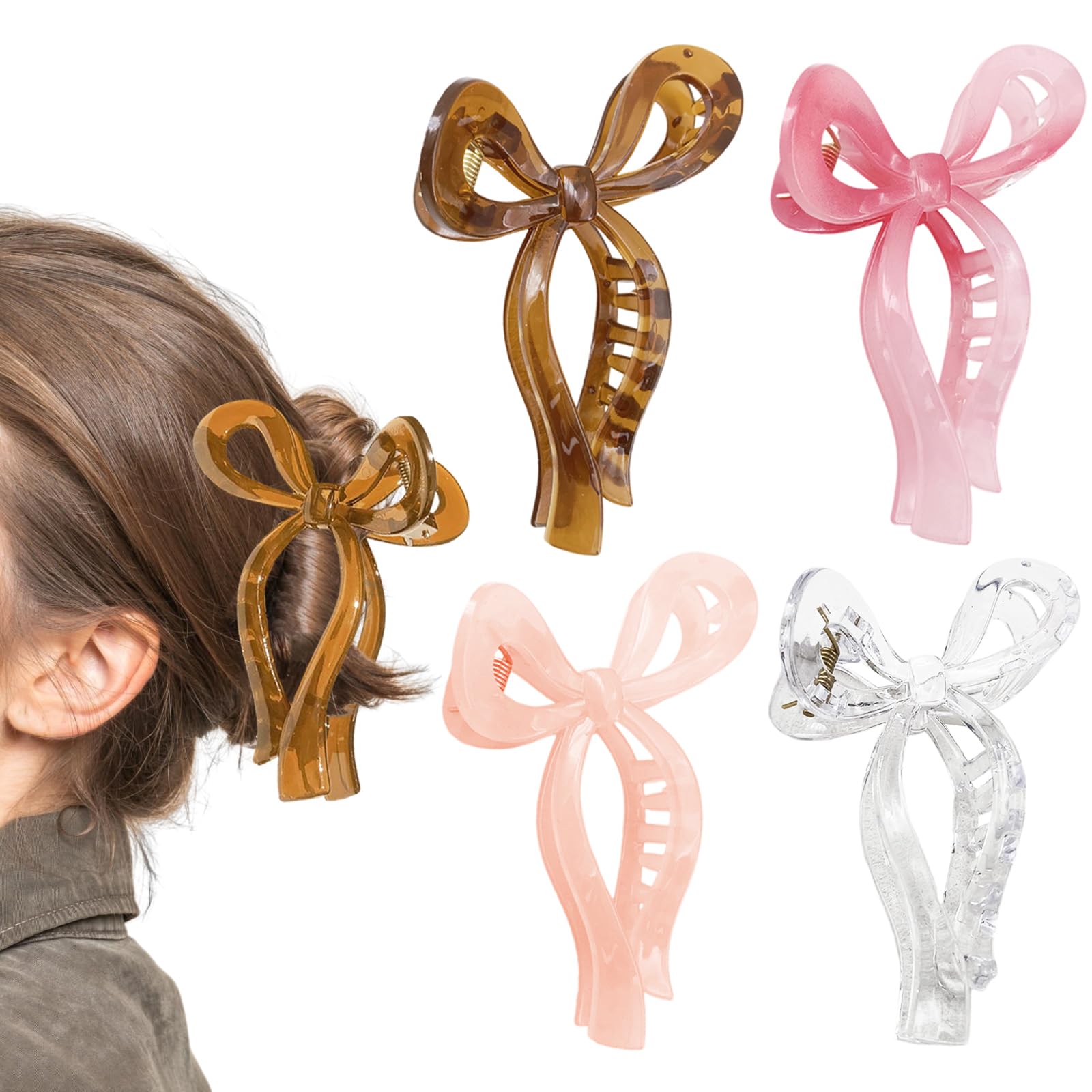 4PCS Large Acrylic Bow Hair Clips for Women, 5'' Non-Slip Jelly Color Stylish Clips for Thick Hair