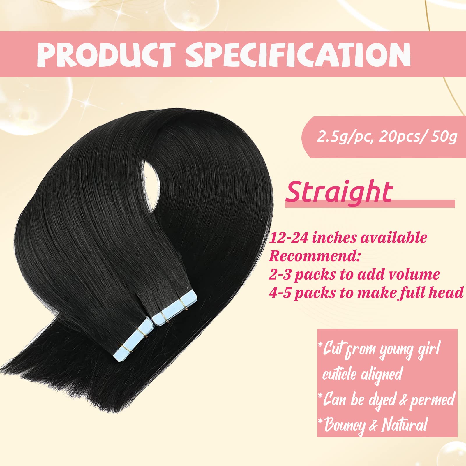 Smavida 100G Tape In Human Hair Extensions #1B Natural Black Soft Straight Tape In Double Sided Skin Weft Extensions For Women