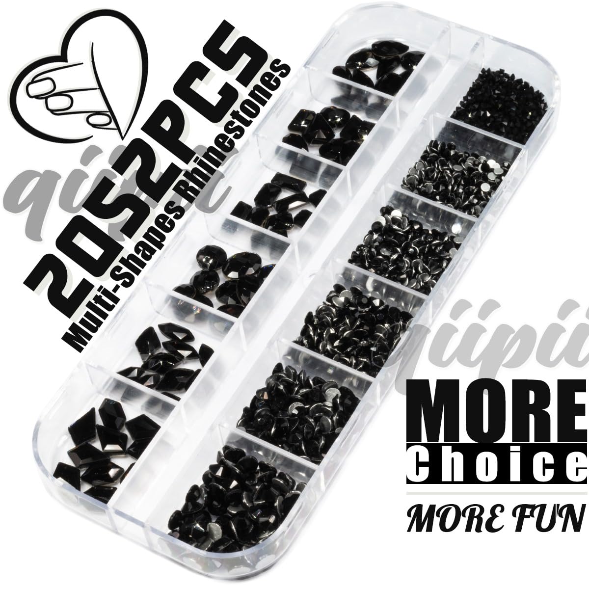 2052Pcs Black Nail Art Rhinestones Kit 72 Multi Shapes Crystal Flatback Rhinestones Gems +1980 Jet Black Round Beads Glass Stone