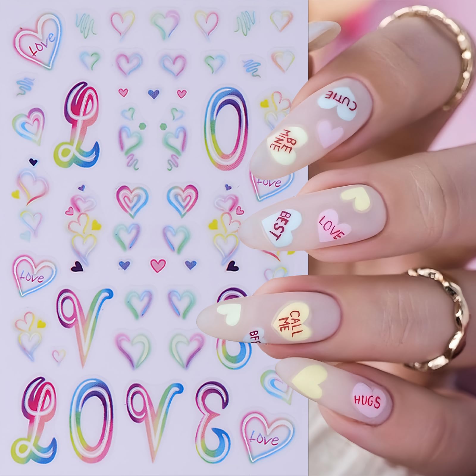 5Pcs Valentine'S Day Nail Art Stickers Rose Heart Flower Nail Stickers 3D Self-Adhesive Love Heart Nail Decals Purple Pink Hollo