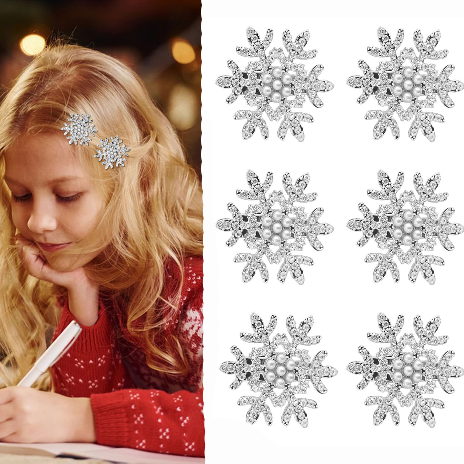 Paderison 6PCS Snowflake Hair Clips for Women Sparkly Rhinestone Hair Barrettes Silver Small Hair Clips Mini Pearl Clips Hairpin